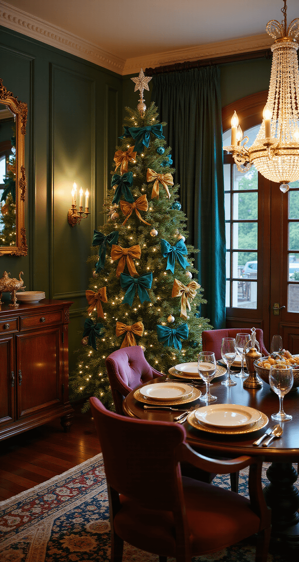 Crafting a Stunning Christmas Tree with Bows: A Decorator's Ultimate Guide Elegant formal dining room at twilight featuring a sophisticated Christmas tree adorned with velvet bows in emerald, sapphire, and gold, surrounded by rich mahogany furniture and deep jewel-toned walls, complemented by crystal chandeliers and gold-framed mirrors reflecting the warm light in a luxurious holiday setting.