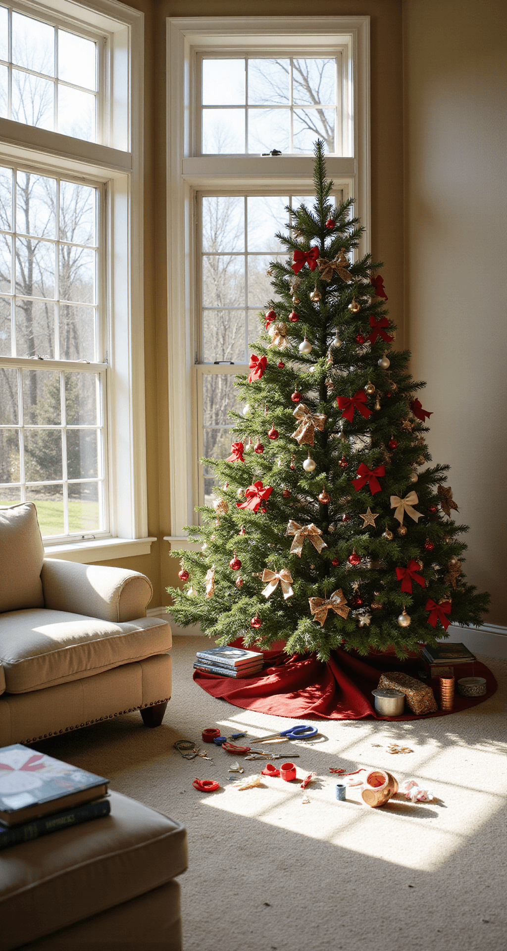 Crafting a Stunning Christmas Tree with Bows: A Decorator's Ultimate Guide A sunlit family room with a partially decorated Christmas tree and ribbon-making supplies scattered around, including scissors and spools of ribbon, on an ottoman. A sectional sofa faces the tree, adorned with holiday decorating books, creating an inspiring and creative atmosphere.