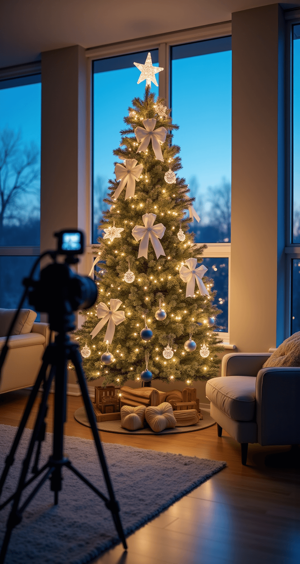 Crafting a Stunning Christmas Tree with Bows: A Decorator's Ultimate Guide A sophisticated living room at blue hour featuring a beautifully decorated Christmas tree with white and silver bows, captured from a photographer's perspective with professional equipment, including a tripod, ring lights, and reflectors, showcasing a blend of natural and artificial lighting.