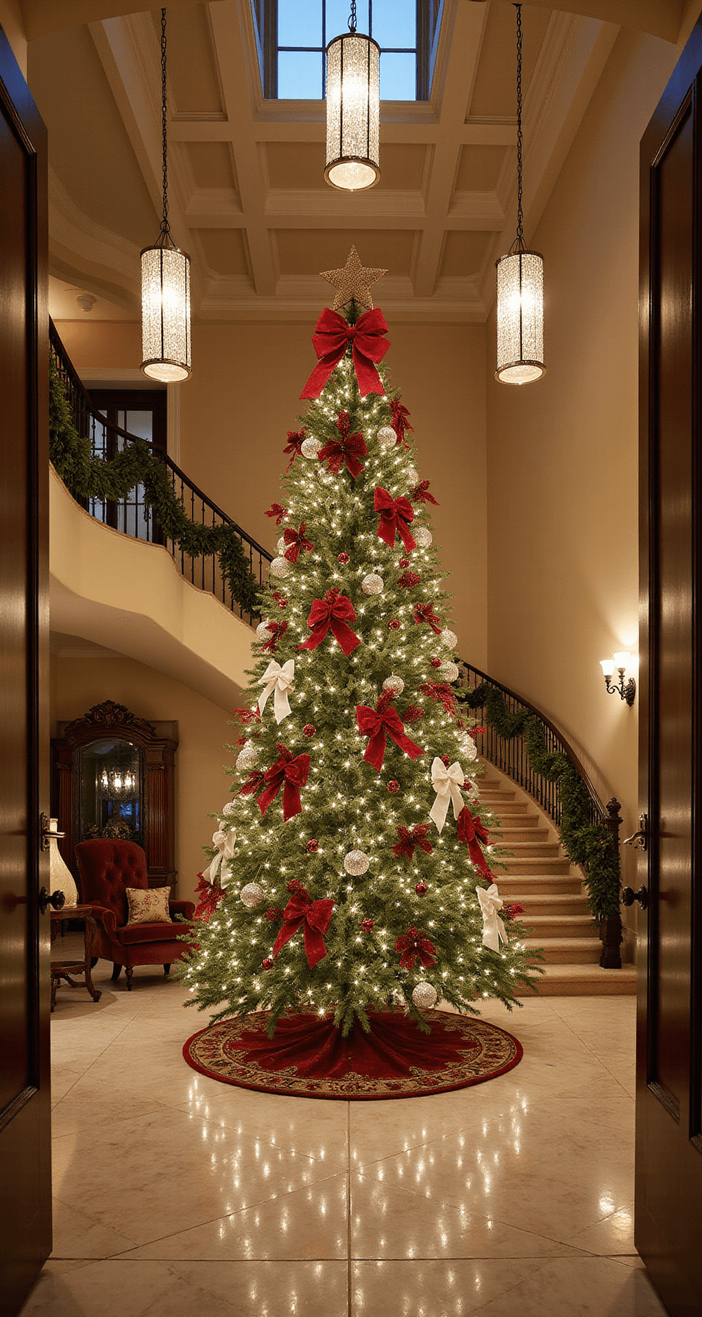 Crafting a Stunning Christmas Tree with Bows: A Decorator's Ultimate Guide Luxurious grand foyer at evening, featuring a towering 12-foot Christmas tree adorned with diverse bows, marble floors reflecting its warm glow, a sweeping staircase in the background, crystal pendant lights, ornate furniture, and seasonal garland, captured from an entryway perspective with dramatic lighting.