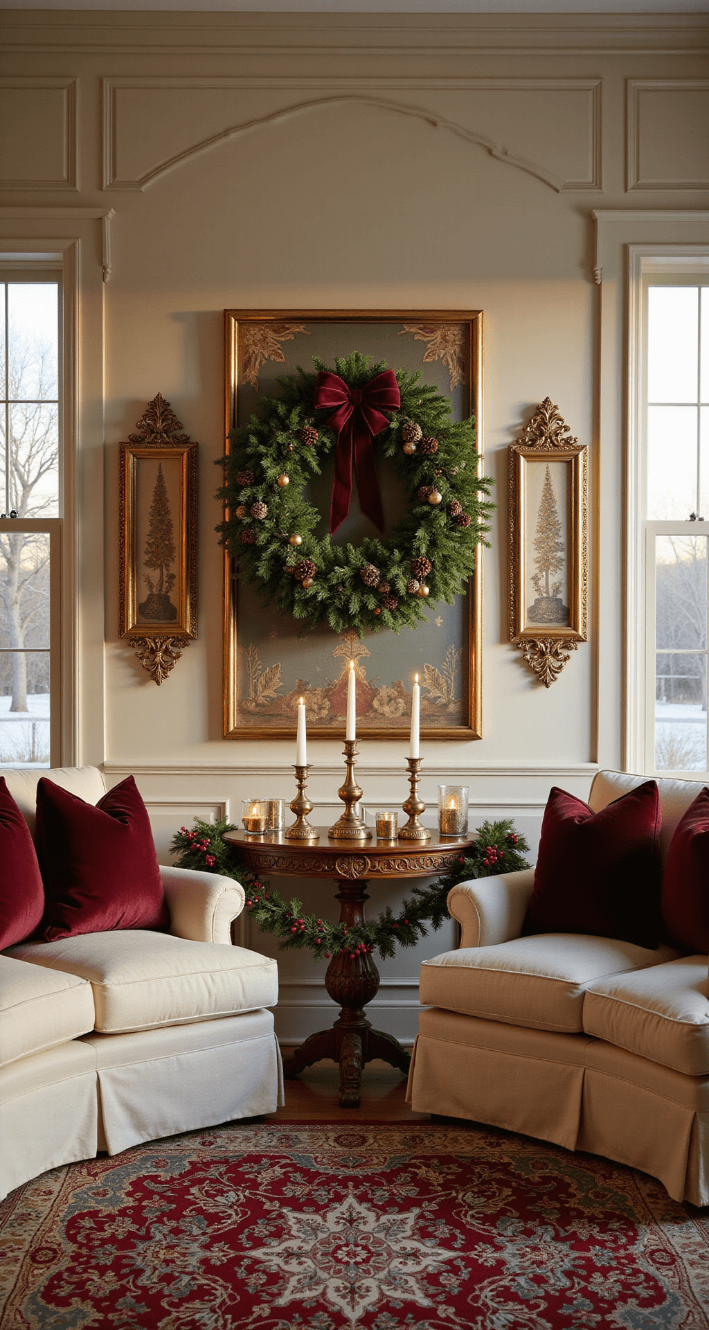Magical Christmas Wall Decor: Transform Your Home into a Festive Wonderland Photorealistic interior shot of an elegant living room with a vaulted ceiling, featuring a large evergreen wreath adorned with burgundy ribbons and gold ornaments, vintage Christmas prints, and a decorative console table with candles and garland, all illuminated by warm golden hour light.