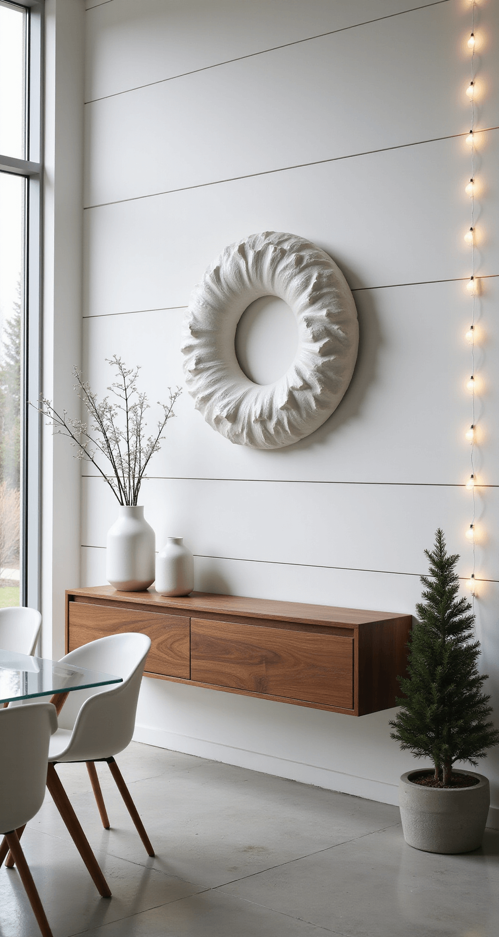 Magical Christmas Wall Decor: Transform Your Home into a Festive Wonderland Clean architectural photography of a modern minimalist dining room with a white shiplap accent wall, featuring a large white ceramic wreath, walnut floating console, geometric vessels with eucalyptus, and warm LED lights, all set in a serene atmosphere enhanced by polished concrete floors and a glass dining table.