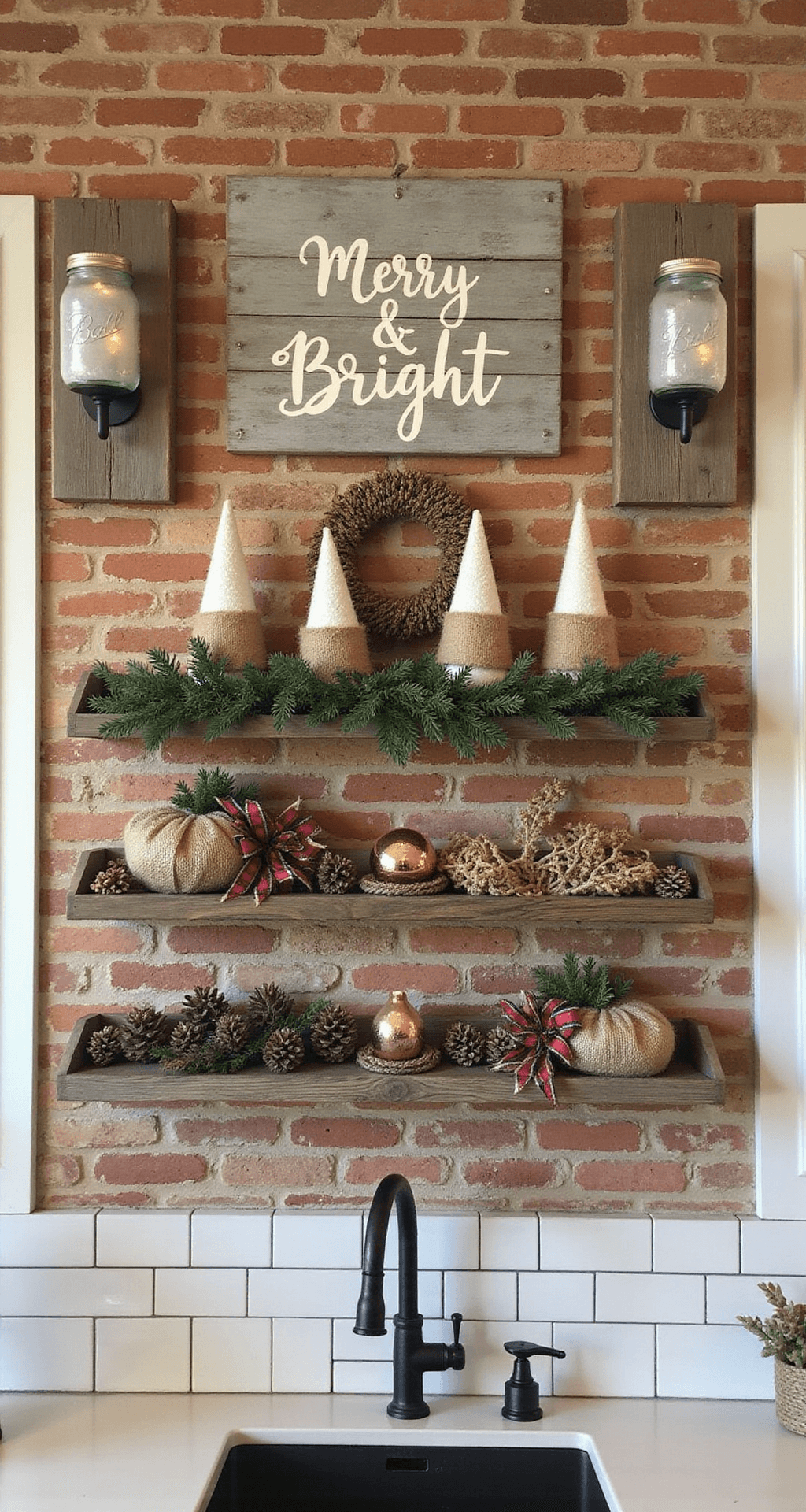 Magical Christmas Wall Decor: Transform Your Home into a Festive Wonderland Cozy farmhouse kitchen corner with rustic Christmas decor, featuring an exposed brick wall, 'Merry & Bright' barn wood signs, mason jar sconces with fairy lights, vintage galvanized Christmas trees, and reclaimed wood shelves adorned with burlap wreaths and copper-toned ornaments, all bathed in warm afternoon light.