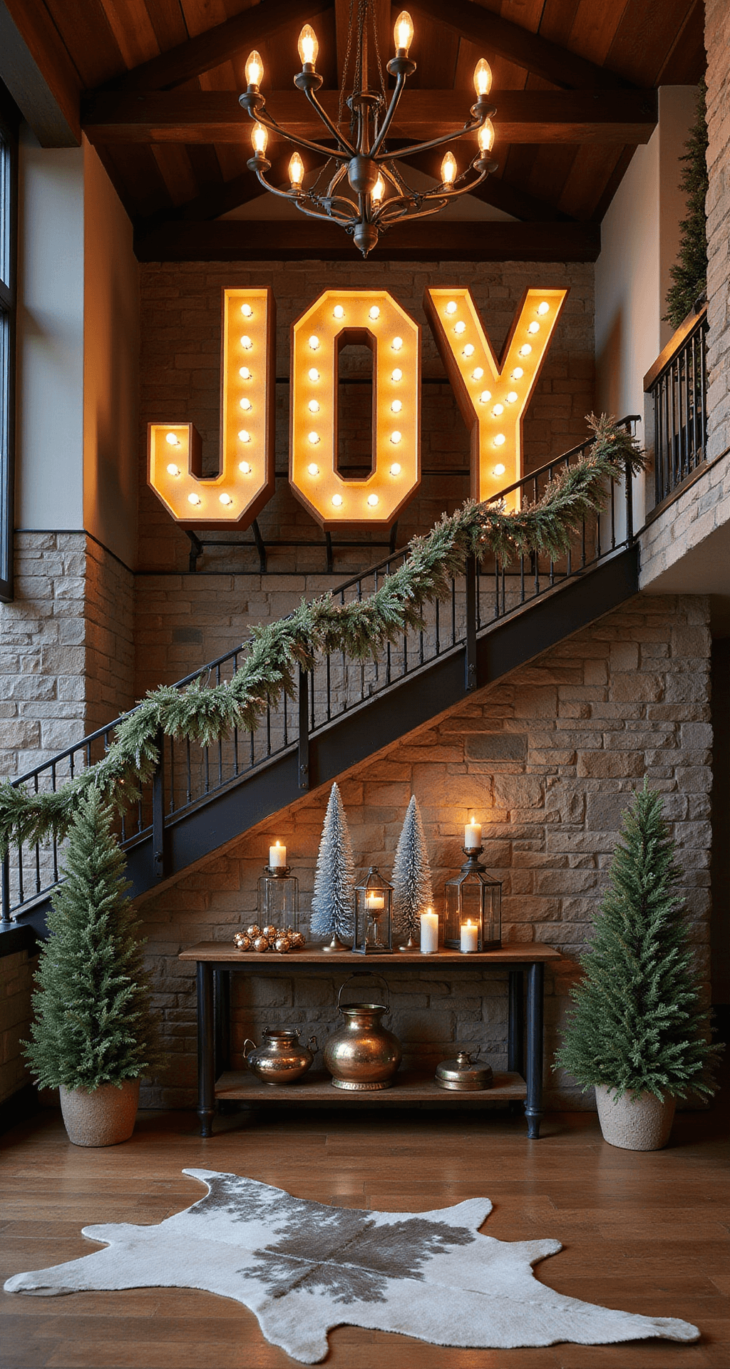 Magical Christmas Wall Decor: Transform Your Home into a Festive Wonderland A dramatic wide-angle view of a grand foyer with a 14-foot cathedral ceiling, featuring an illuminated 'JOY' sign surrounded by warm amber light, a rustic stone accent wall, and an iron staircase adorned with evergreen garland and lights. Below, a wood console table displays mercury glass Christmas trees, brass lanterns with candles, and gold ornaments, set on a cowhide rug with wrought iron and mixed metallic details. Evening lighting enhances the luxurious yet rustic holiday atmosphere.