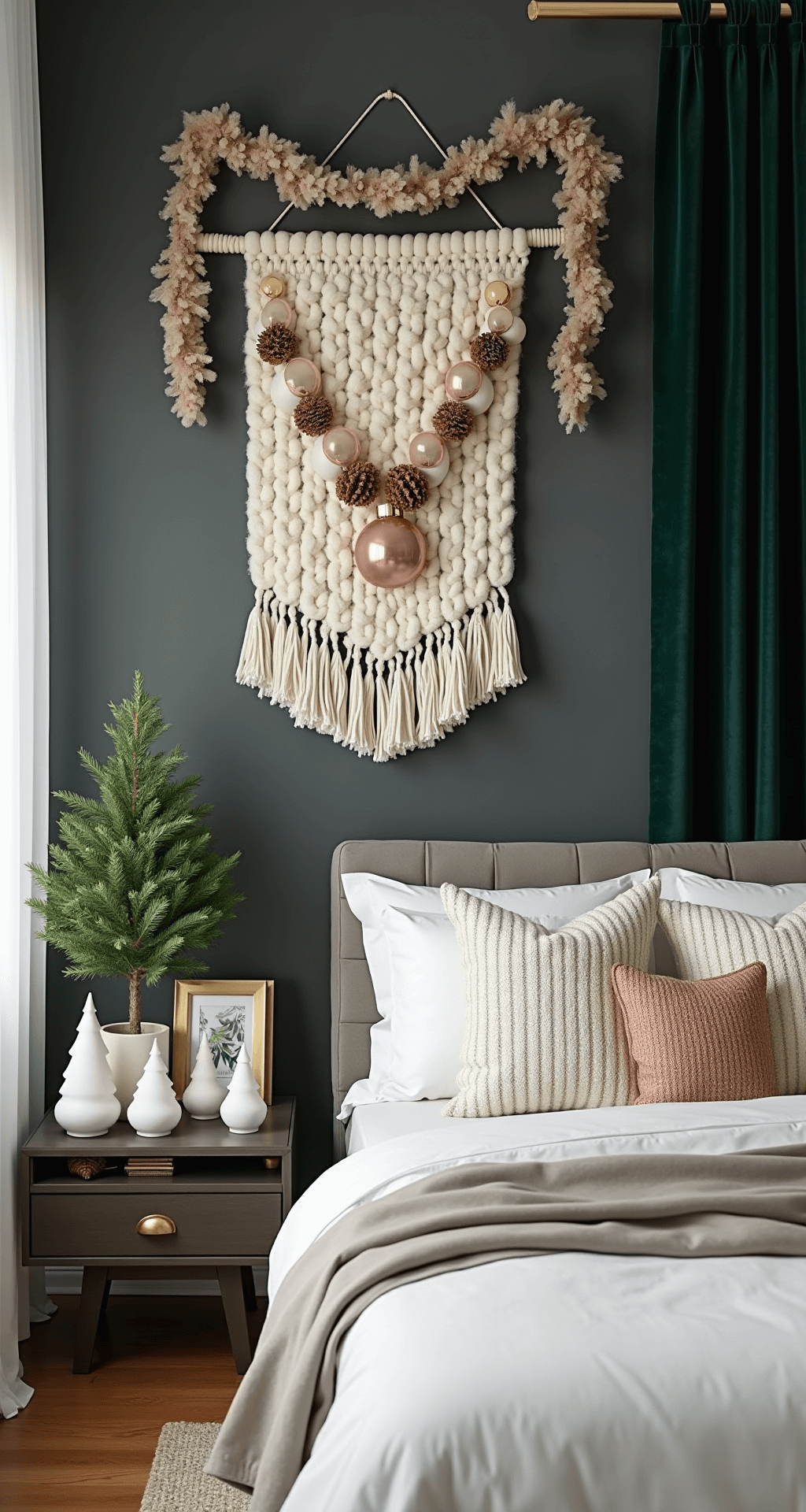 Magical Christmas Wall Decor: Transform Your Home into a Festive Wonderland Close-up of a textured bedroom accent wall featuring a white knit wall hanging, rose gold mercury ornaments, natural pinecones, and faux fur garland, with a floating nightstand displaying a Norfolk pine, vintage brass frames, and matte white ceramic trees, all illuminated by soft morning light.