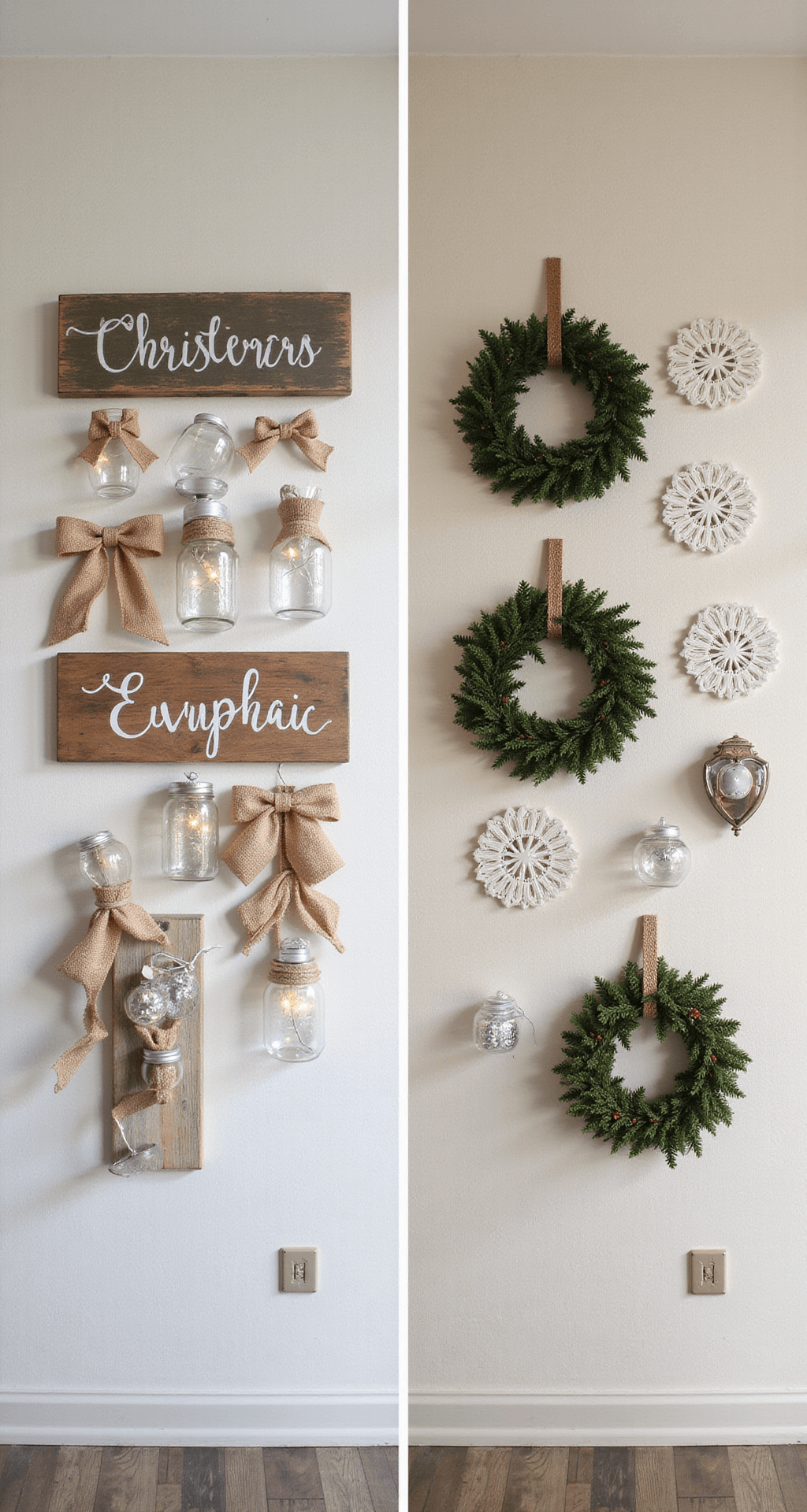 Magical Christmas Wall Decor: Transform Your Home into a Festive Wonderland A split composition photograph comparing DIY Christmas wall decor on the left, featuring handmade elements like painted wood signs and mason jar sconces, versus polished store-bought decor on the right, showcasing symmetrical wreaths and uniform glass ornaments, all set against a neutral backdrop with natural lighting.