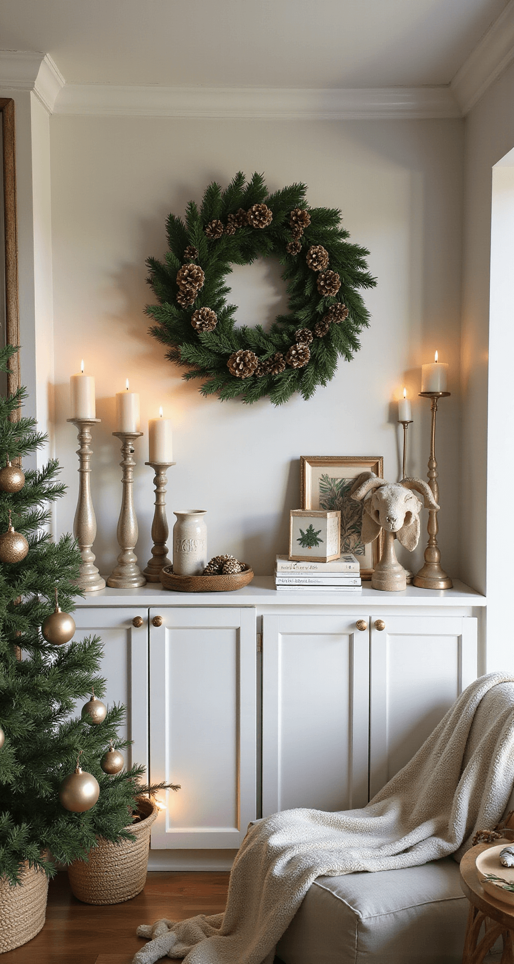 Magical Christmas Wall Decor: Transform Your Home into a Festive Wonderland A beautifully styled Christmas wall in a family room, featuring an 11-foot accent wall adorned with a large off-center wreath and asymmetrical groupings of decorative elements, all illuminated by soft natural light during magic hour, showcasing a harmonious color palette of warm metallics, deep greens, and cream tones.