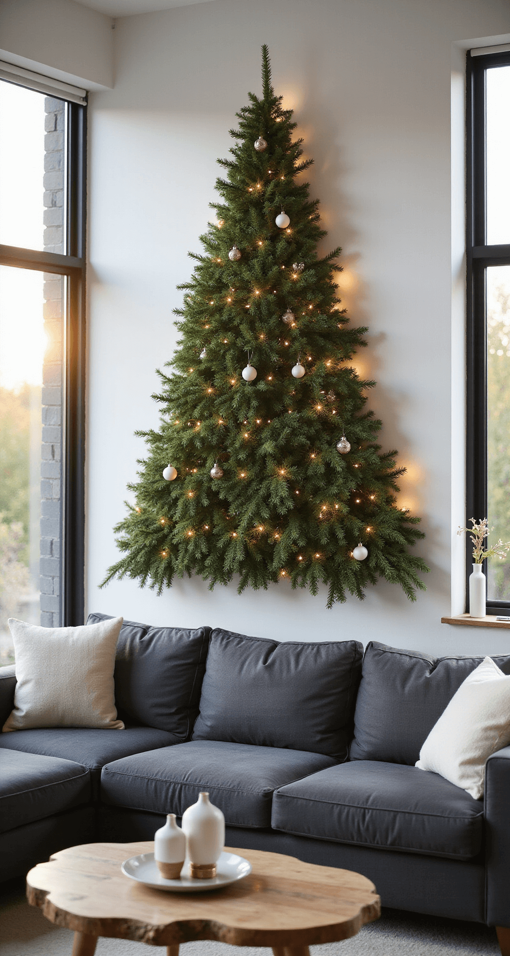 Modern Magic: Creating the Perfect Wall Christmas Tree for Small Spaces Modern minimalist living room during golden hour with a DIY garland wall Christmas tree, warm white LED lights, charcoal gray sectional sofa, live-edge walnut coffee table, and Scandinavian decor.