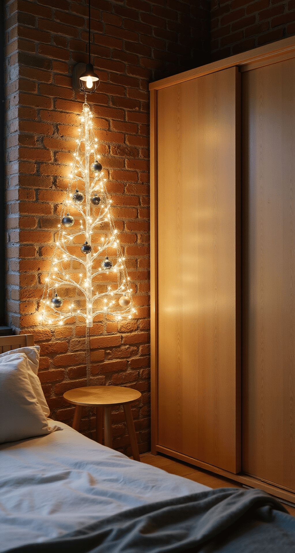 Modern Magic: Creating the Perfect Wall Christmas Tree for Small Spaces Cozy studio apartment corner featuring a pre-lit wall decal Christmas tree against exposed brick walls, with ambient lighting highlighting a murphy bed and minimalist holiday decor.