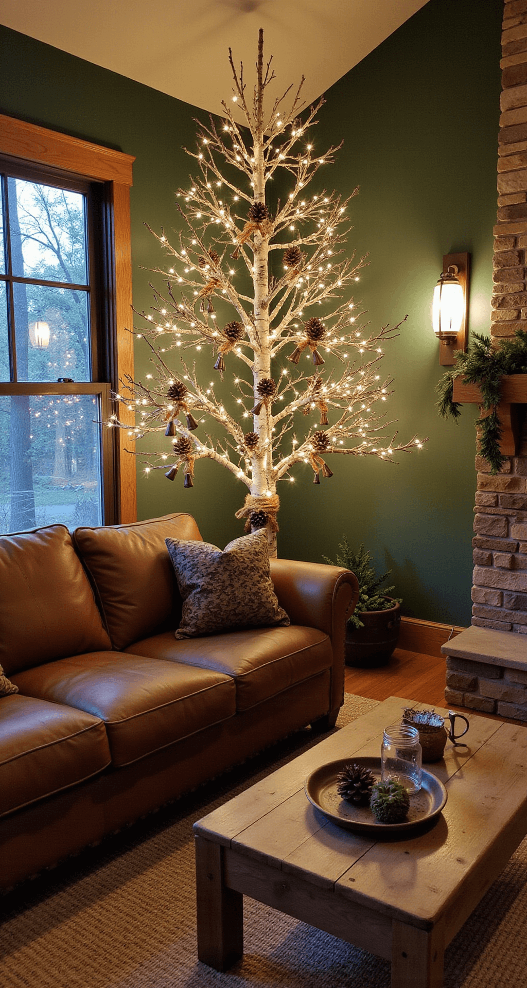 Modern Magic: Creating the Perfect Wall Christmas Tree for Small Spaces Rustic woodland-themed family room with a large birch branch Christmas tree wrapped in warm white lights, distressed leather sectional, rustic coffee table, and ambient wall sconces, all set against rich forest green walls.