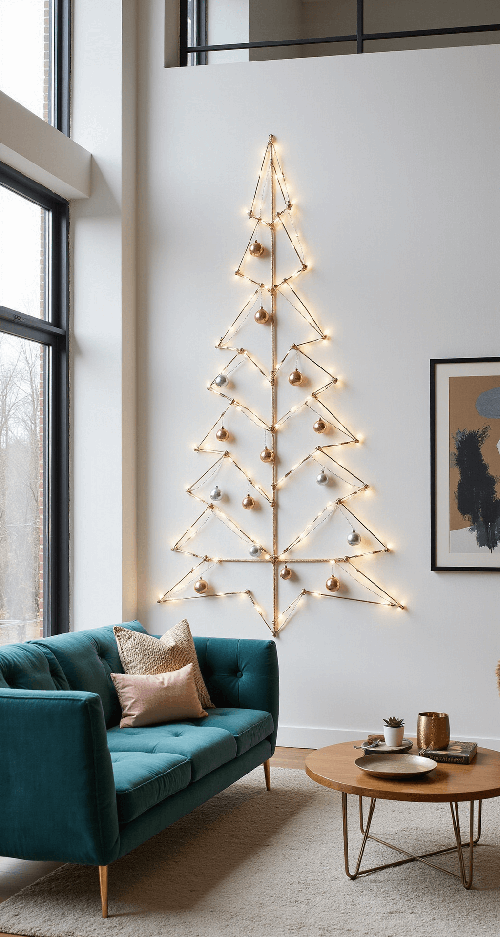 Modern Magic: Creating the Perfect Wall Christmas Tree for Small Spaces A contemporary open-concept living space with sleek white walls and abundant natural light, featuring a geometric metallic Christmas tree made of brushed gold wire and cool white LED strips. The room includes mid-century modern furniture, including a teal velvet sofa and brass hairpin leg coffee table, surrounded by rose gold, silver, and copper ornaments. Floor-to-ceiling windows enhance the bright atmosphere, showcasing the elegant holiday decor.