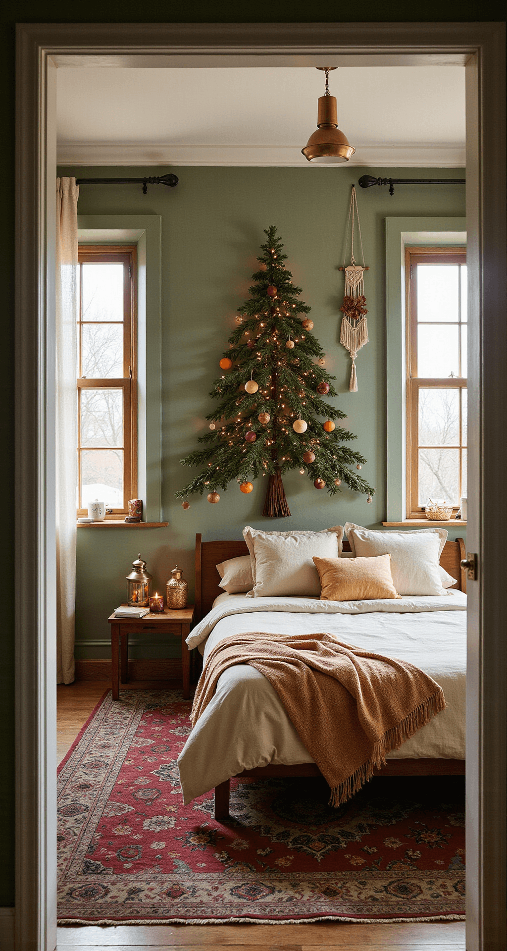 Modern Magic: Creating the Perfect Wall Christmas Tree for Small Spaces A cozy bohemian bedroom with sage green accent walls, featuring a whimsical garland wall tree made of eucalyptus, pampas grass, and amber string lights, adorned with dried orange slices and clay ornaments. Soft afternoon sunlight filters in, highlighting a low-profile platform bed with cream and terracotta bedding and a Persian-style rug in deep burgundy and gold. Moroccan brass lanterns and woven baskets add to the eclectic decor.