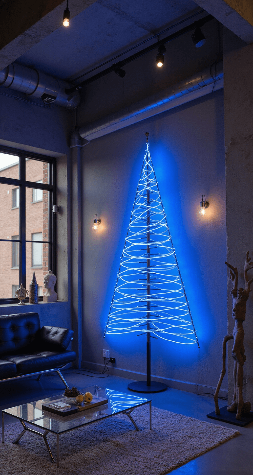 Modern Magic: Creating the Perfect Wall Christmas Tree for Small Spaces Sleek urban loft with exposed concrete walls and steel beams featuring a programmable RGB LED strip tree in cool blue and white tones, modern furniture, and dramatic accent lighting, viewed from an elevated angle.