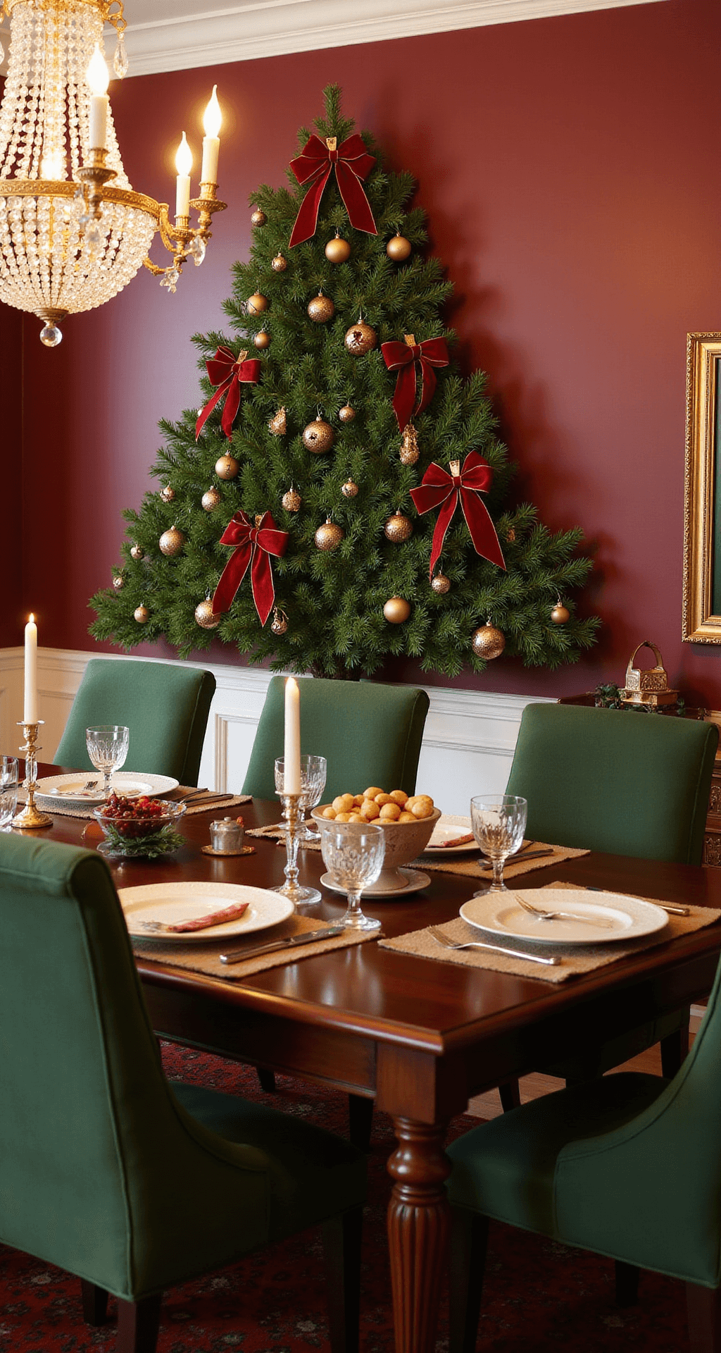 Modern Magic: Creating the Perfect Wall Christmas Tree for Small Spaces Traditional family dining room with a lush Fraser fir Christmas tree adorned with red and gold ornaments, set against rich burgundy walls, featuring a mahogany dining table dressed for holiday dinner, surrounded by deep green velvet chairs, illuminated by an elegant chandelier and warm candlelight.