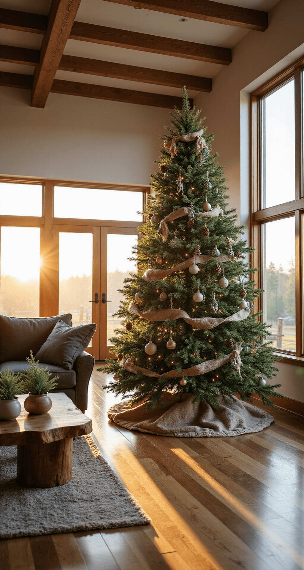Christmas Tree Trends 2024: Transform Your Holiday Decor with Style and Personality Photorealistic modern living room with a 7-foot Fraser fir Christmas tree adorned with natural elements, golden hour sunlight through floor-to-ceiling windows, reclaimed hardwood floors, handcrafted wooden ornaments, scattered pinecones, dried eucalyptus garlands, rustic burlap ribbon in earth tones, charcoal linen sectional sofa, live-edge walnut coffee table with pine sprigs, exposed wooden beams, soft diffused lighting creating a cozy atmosphere.