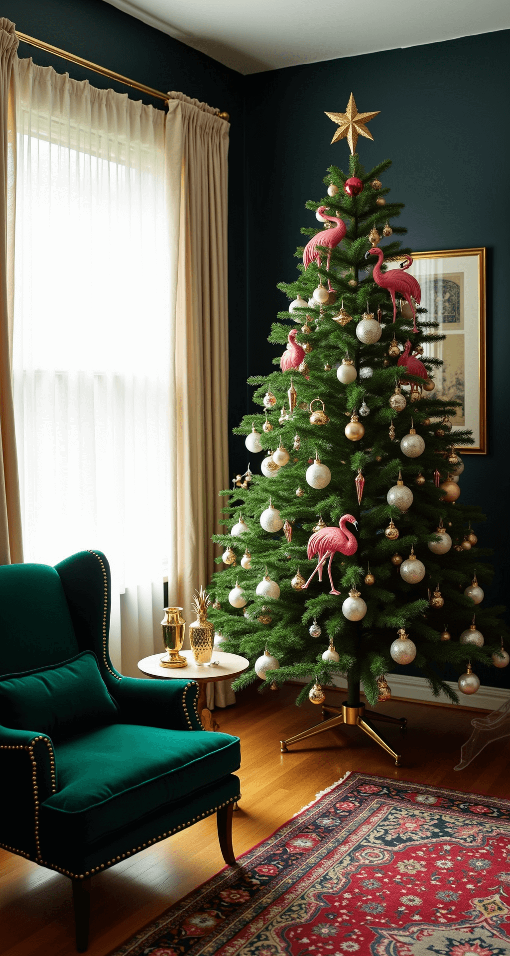 Christmas Tree Trends 2024: Transform Your Holiday Decor with Style and Personality An intimate view of a vintage-modern Christmas tree adorned with mercury glass baubles and whimsical tropical ornaments in a cozy den featuring dark navy walls and brass fixtures, with afternoon light filtering through sheer curtains. A velvet emerald green armchair and antique brass side table complement the scene, anchored by a deep burgundy and gold Persian rug.