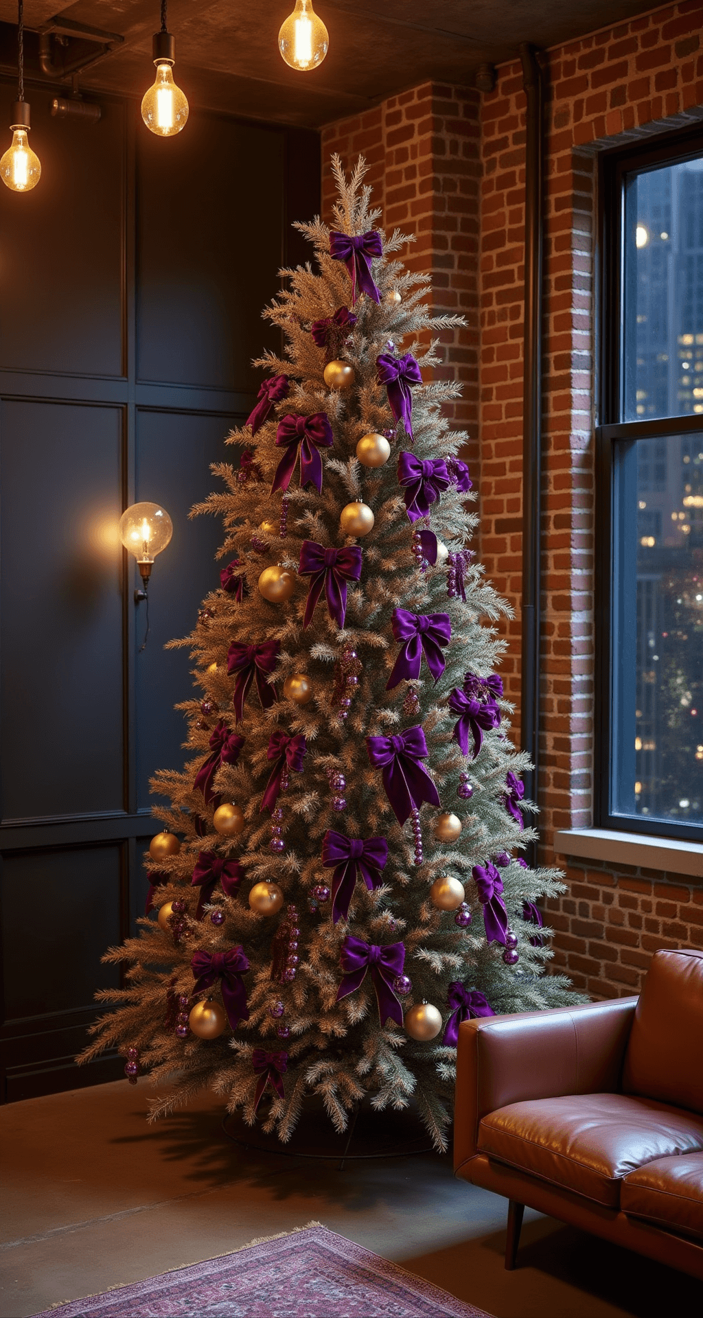 Christmas Tree Trends 2024: Transform Your Holiday Decor with Style and Personality Dramatic evening scene of a contemporary loft featuring a vibrant purple and gold Christmas tree, illuminated by warm Edison bulbs, with mid-century modern furniture and city lights visible through floor-to-ceiling windows.