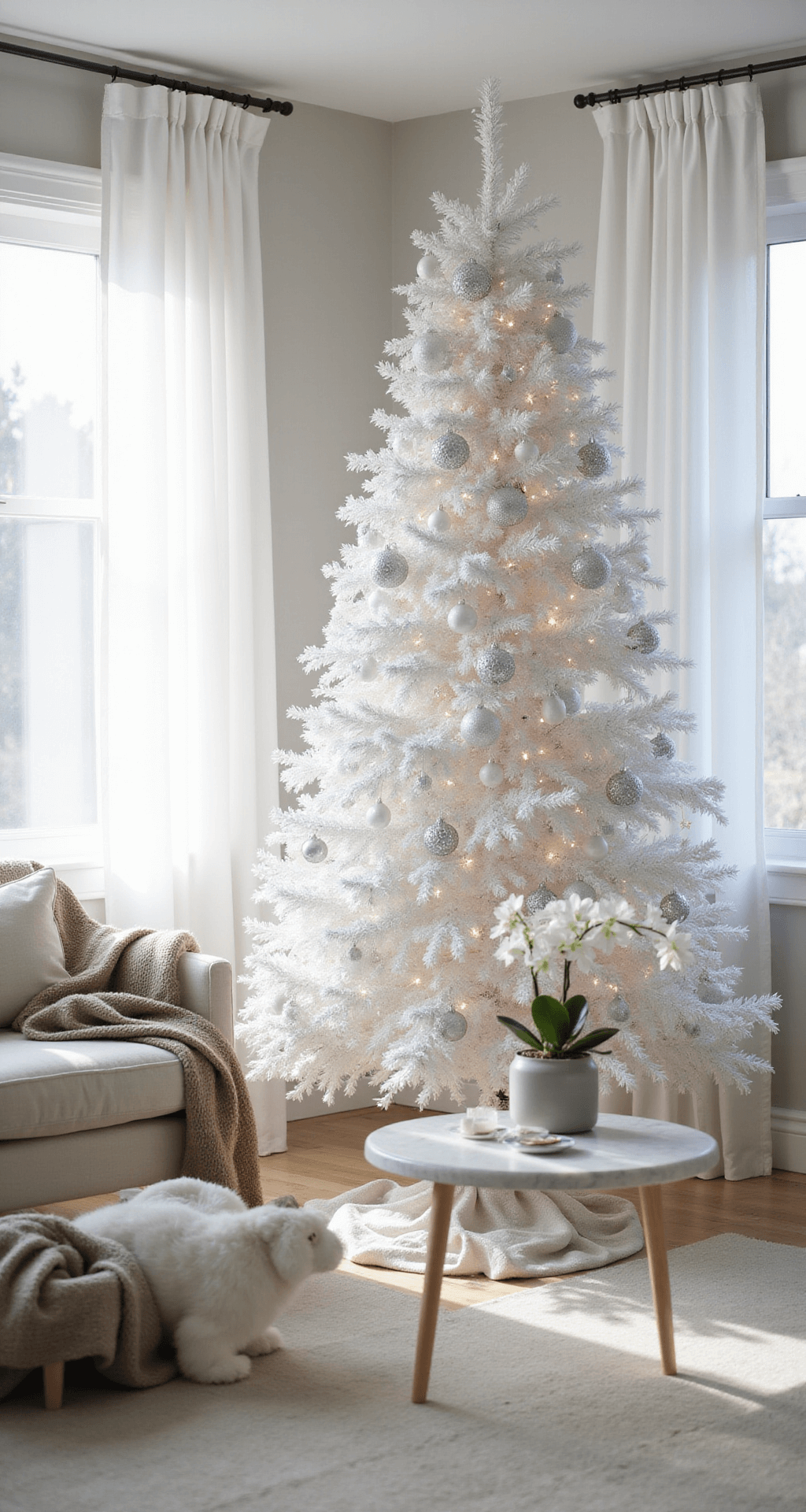 Christmas Tree Trends 2024: Transform Your Holiday Decor with Style and Personality Serene minimalist living room with a flocked white Christmas tree adorned with delicate glass icicles and white ceramic ornaments, featuring white oak floors, floor-to-ceiling windows, a cream bouclé sofa, and a marble coffee table with a single white orchid, bathed in soft morning light.