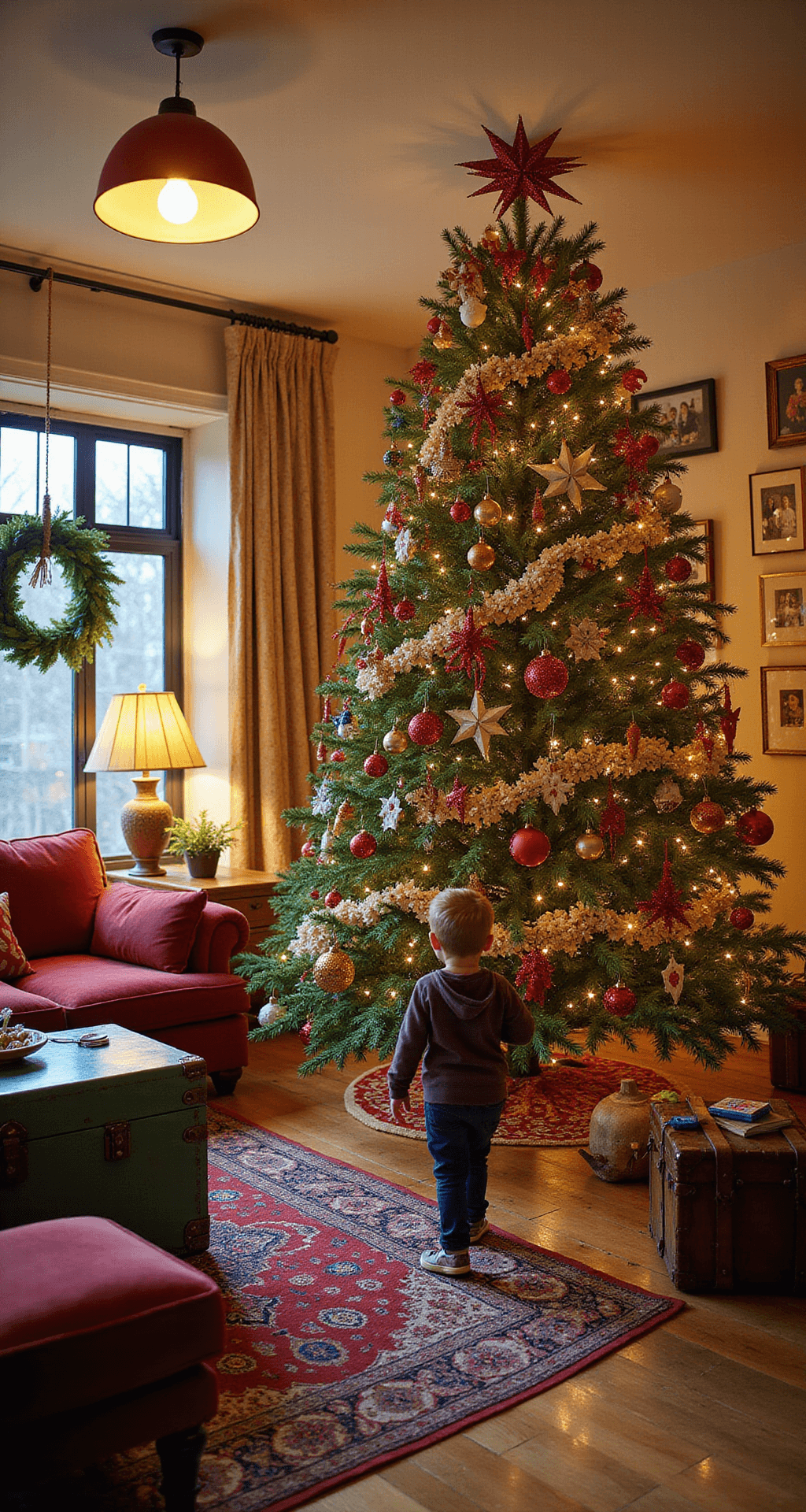 Christmas Tree Trends 2024: Transform Your Holiday Decor with Style and Personality A vibrant and eclectic Christmas tree scene in a cozy family room, featuring an 8-foot noble fir adorned with layered decorations, surrounded by a jewel-toned sectional, vintage trunk coffee table, and a gallery wall of family photos, all illuminated by warm lighting.