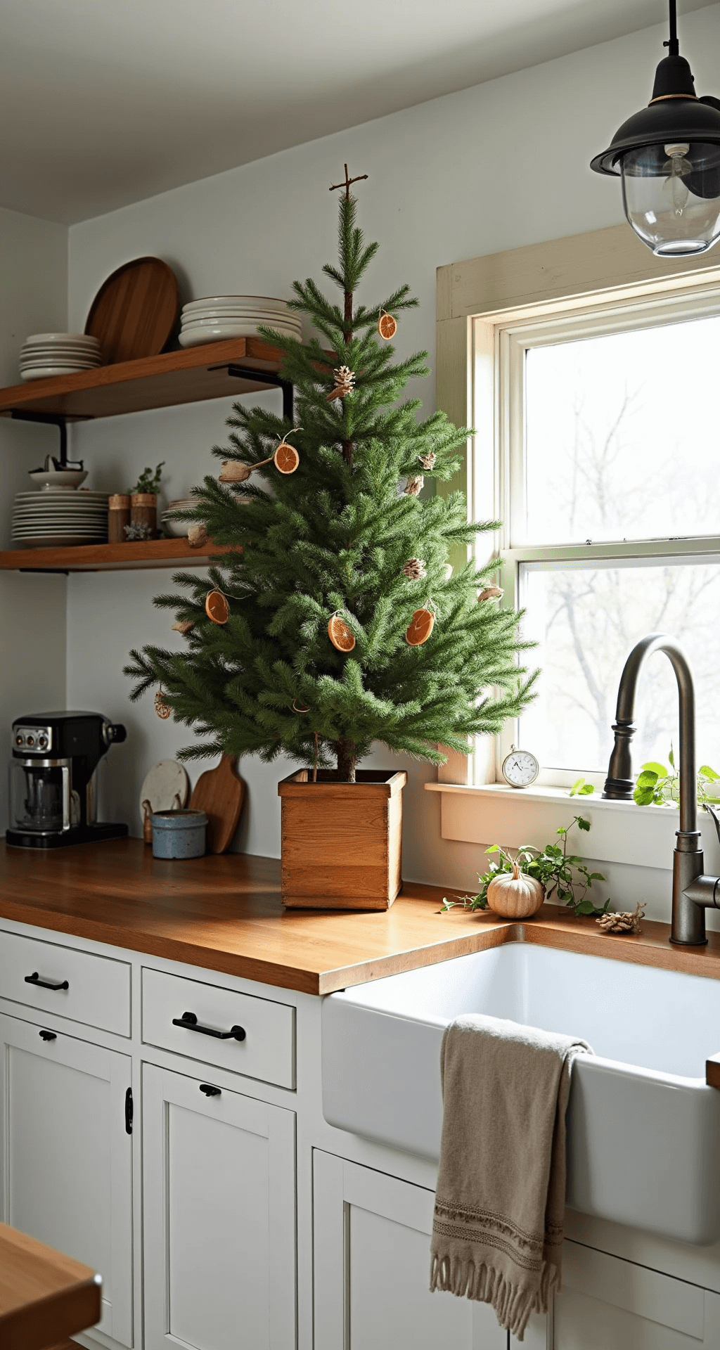 Christmas Tree Trends 2024: Transform Your Holiday Decor with Style and Personality Sustainable Christmas tree in a modern farmhouse kitchen with a potted Fraser fir, eco-friendly decorations of dried oranges, cinnamon sticks, and fabric garlands, alongside shaker-style cabinets and butcher block countertops, illuminated by natural light.