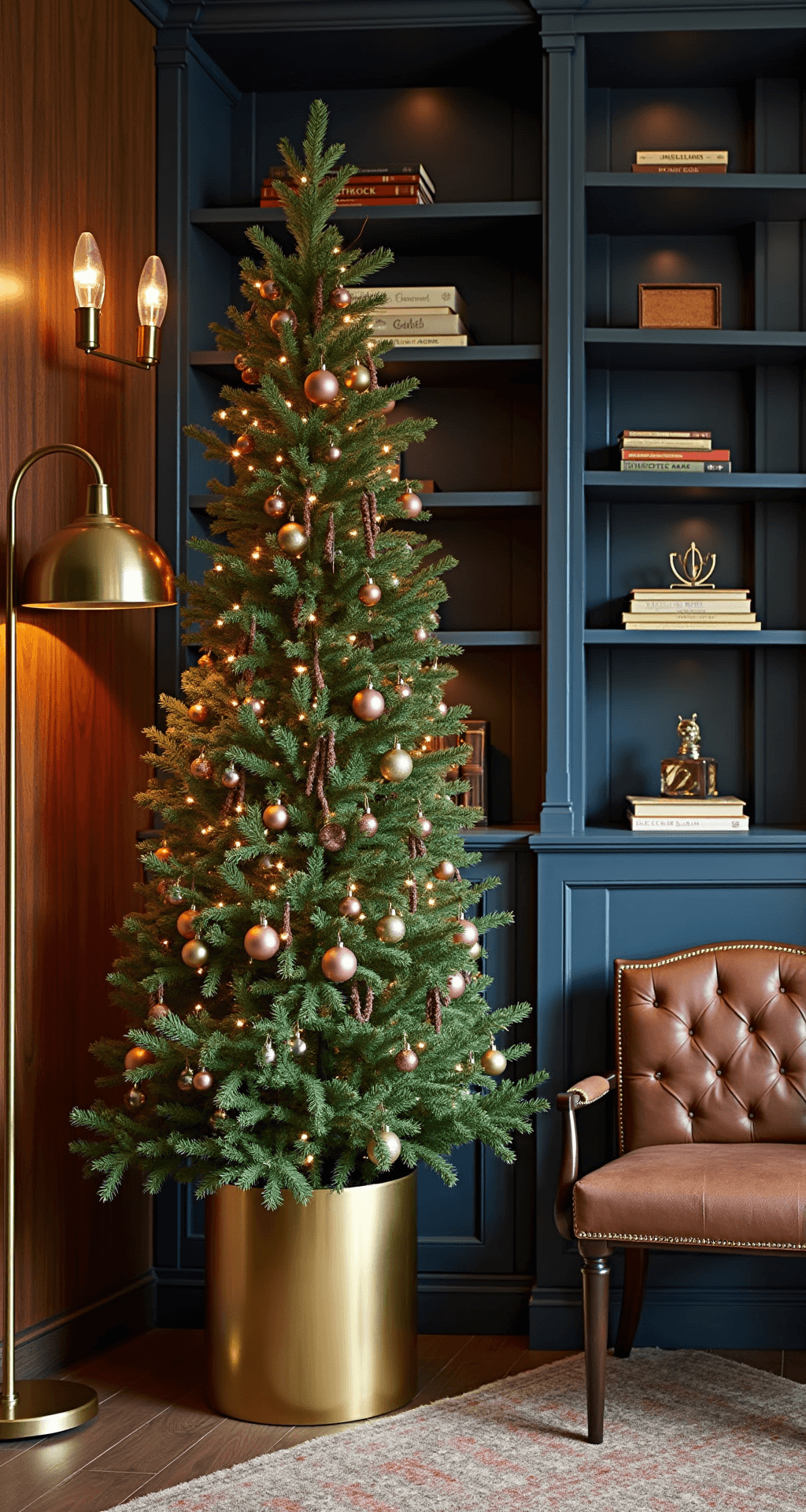 Christmas Tree Trends 2024: Transform Your Holiday Decor with Style and Personality Elegant Christmas tree corner in a sophisticated den featuring a 7-foot balsam fir in a sleek brass tree collar, decorated with rose gold baubles and copper wire lights. Dark wood paneling and navy built-ins create a dramatic backdrop, with a tufted leather reading chair and vintage brass decor. Warm layered lighting enhances the upscale library atmosphere.