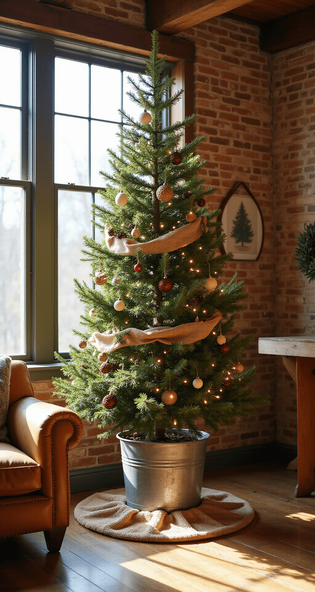 Creating a Rustic Christmas Tree: A Cozy Holiday Styling Guide A cozy living room featuring a 6-foot natural pine Christmas tree in a galvanized metal bucket, illuminated by mid-morning sunlight, with a chunky knit burlap tree skirt, surrounded by a leather armchair and rustic coffee table against exposed brick walls and wooden beams.