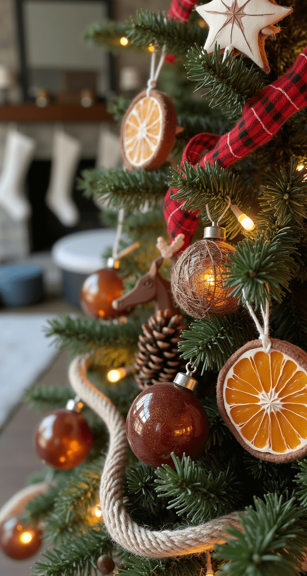 Creating a Rustic Christmas Tree: A Cozy Holiday Styling Guide Close-up of rustic Christmas tree branches adorned with felt decorations, dried orange slices, and painted pinecones, illuminated by soft afternoon light. Red and cream plaid ribbon and warm white string lights create a bokeh effect, while wooden deer figurines and vintage glass bulbs add depth against a blurred stone fireplace in the background.