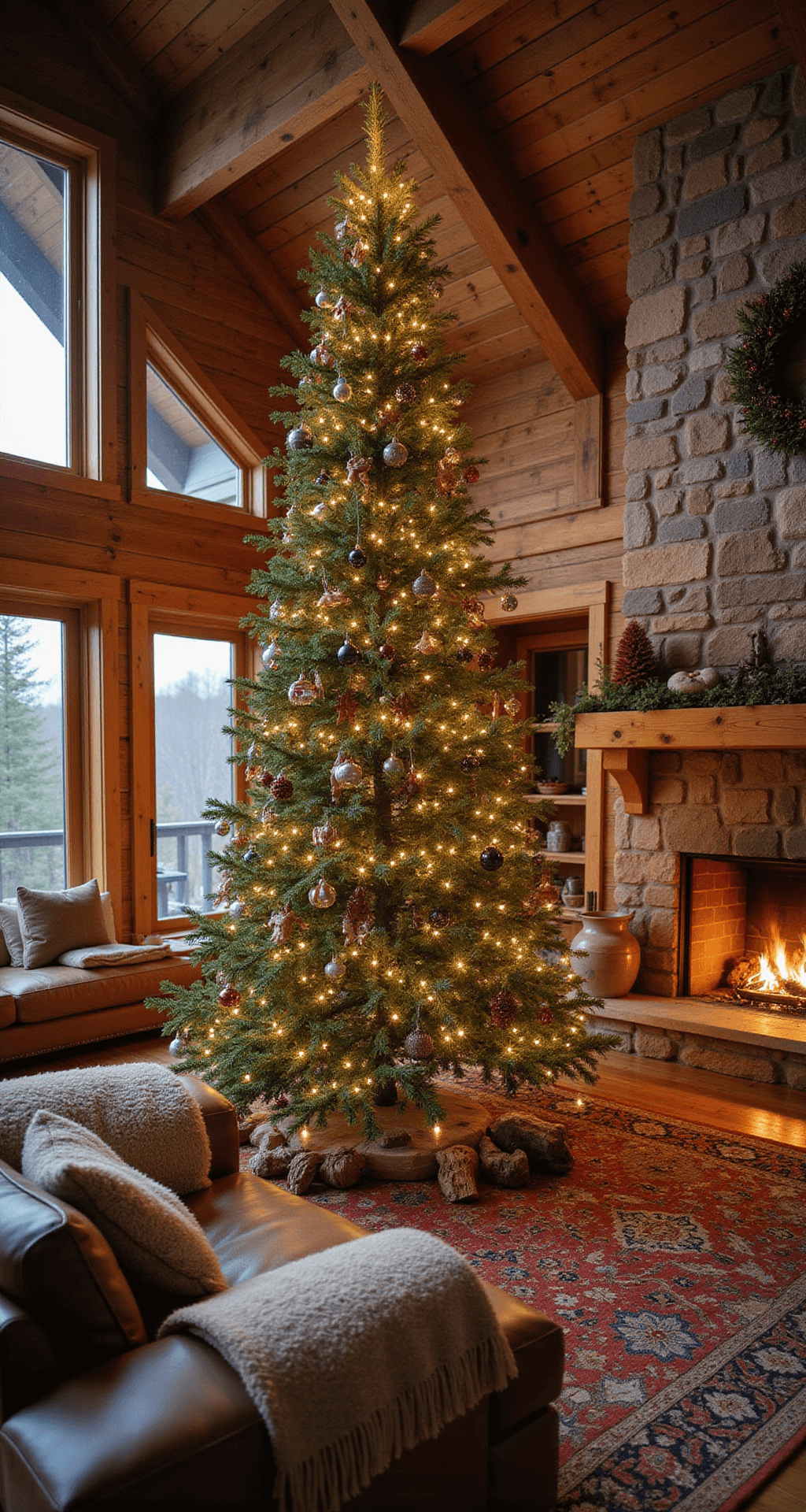 Creating a Rustic Christmas Tree: A Cozy Holiday Styling Guide Wide shot of a rustic cabin-style great room at golden hour, showcasing a 7-foot Christmas tree near a stone hearth, surrounded by exposed wooden beams, warm firelight, and a cozy leather sectional, all set against knotty pine walls and a vintage Persian rug.