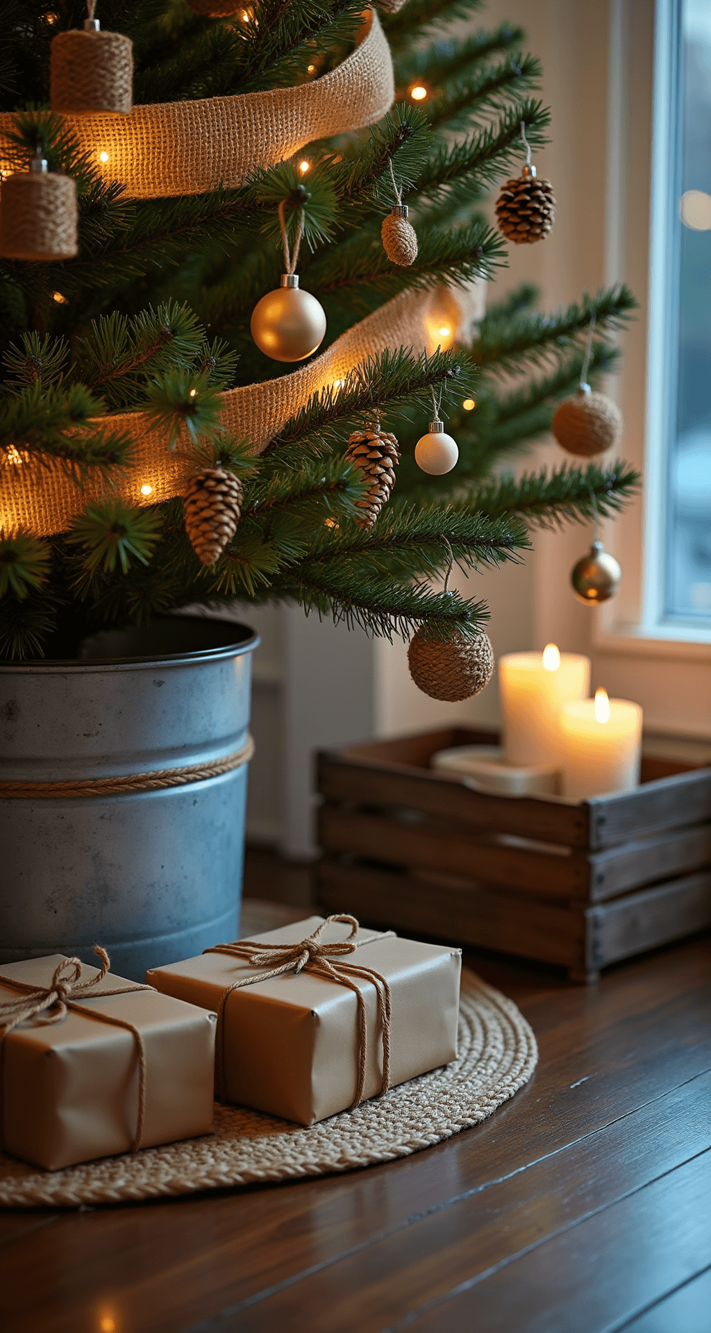 Creating a Rustic Christmas Tree: A Cozy Holiday Styling Guide Intimate evening shot of a tree's lower branches and foundation, featuring a weathered galvanized bucket on a jute skirt, wrapped kraft paper presents, natural decorations, a vintage crate with ornaments, and softly blurred upper branches in dreamy bokeh.