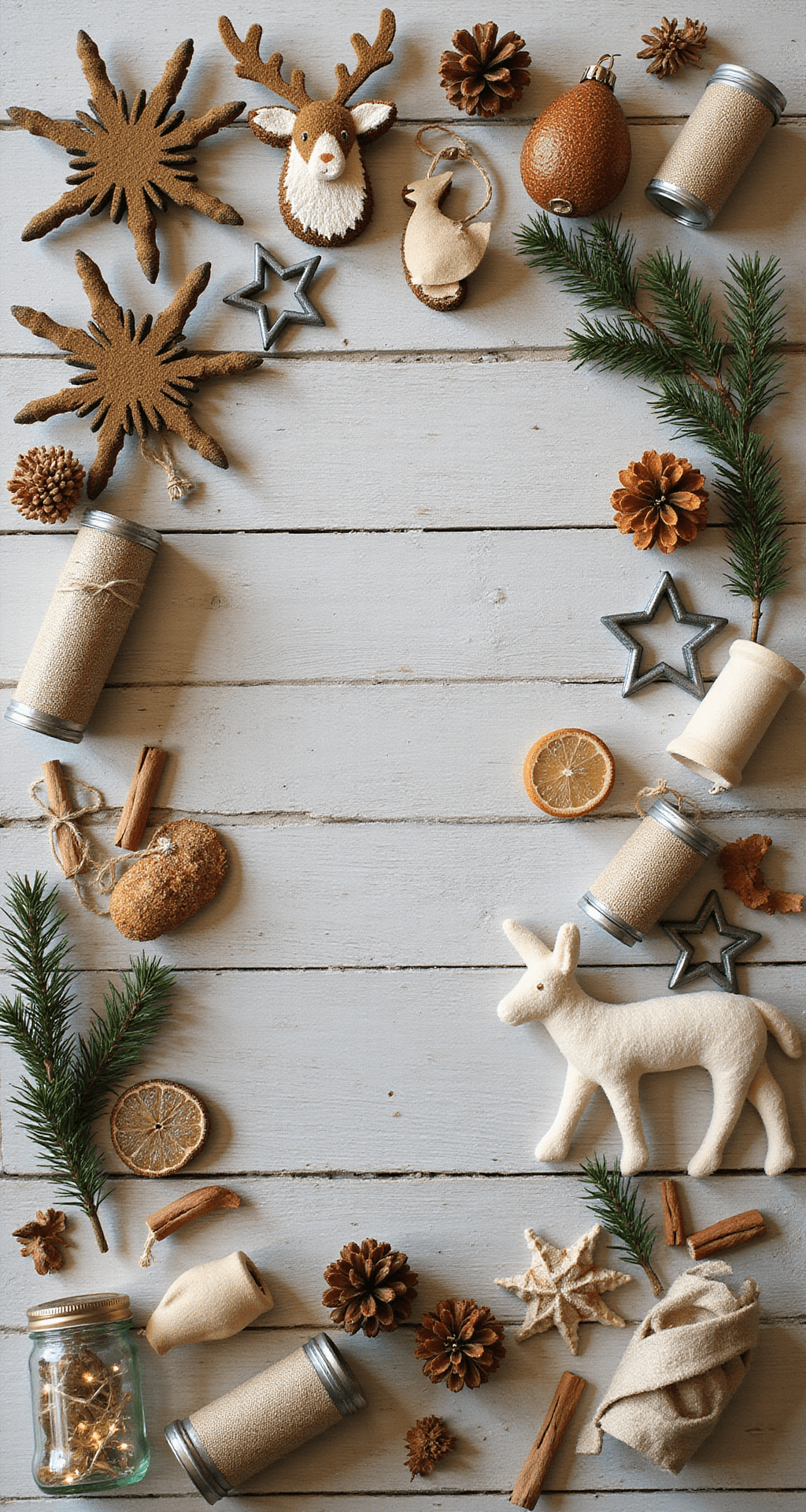 Creating a Rustic Christmas Tree: A Cozy Holiday Styling Guide Stylized flat lay of rustic Christmas ornaments and supplies on reclaimed barn wood, featuring wooden snowflakes, felt animals, dried citrus, painted pinecones, burlap ribbon, mason jars with fairy lights, galvanized stars, paper ornaments, pine sprigs, and cinnamon sticks, all in earthy tones with diffused morning light.