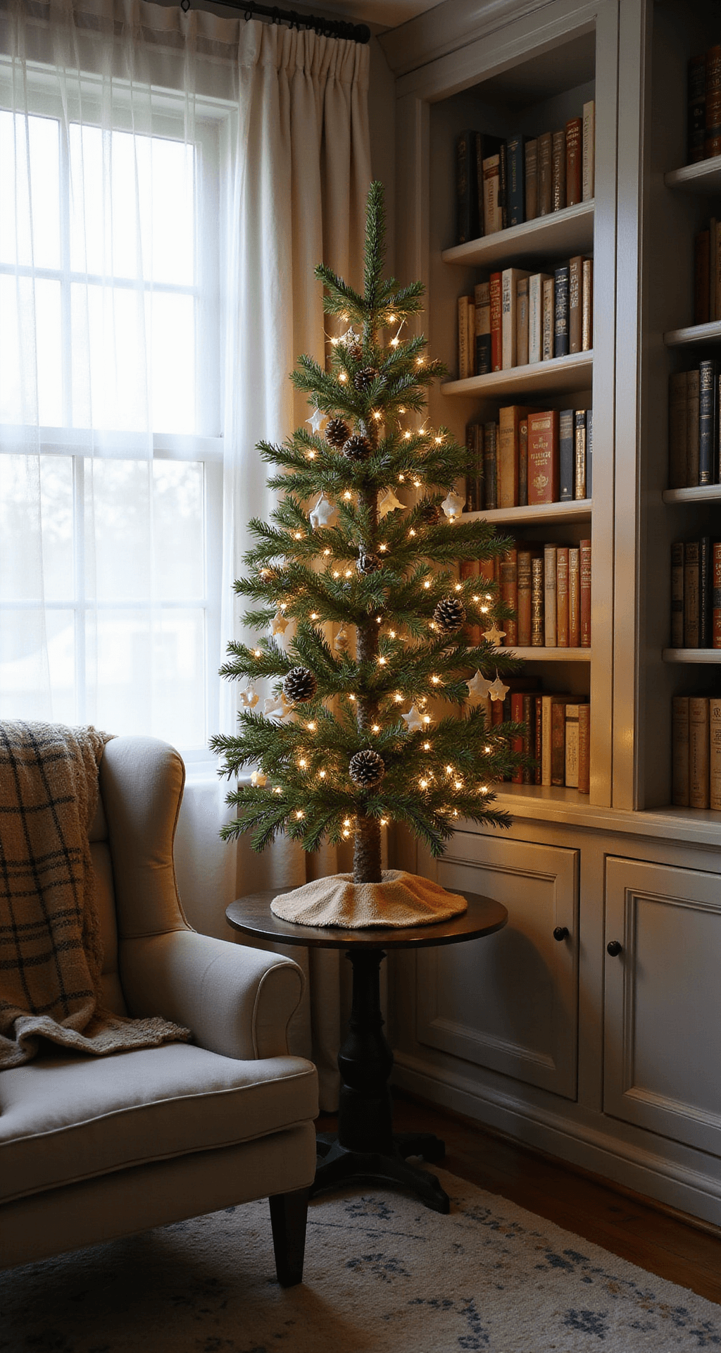 Creating a Rustic Christmas Tree: A Cozy Holiday Styling Guide A cozy reading nook with a small Christmas tree on a vintage console, softly lit by late afternoon light filtering through sheer curtains. A wingback chair with a plaid throw sits nearby, surrounded by built-in bookshelves filled with vintage holiday books. The tree is decorated with burlap and pinecone ornaments, warm white lights, and a miniature burlap skirt, all viewed from chair height.