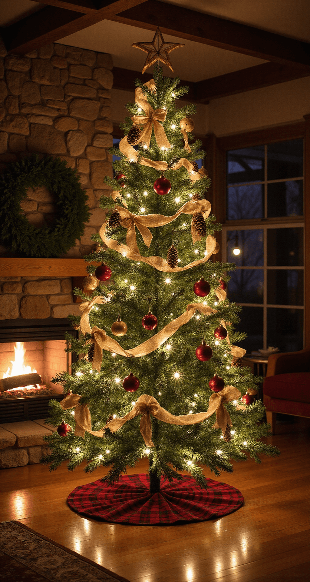 Creating a Rustic Christmas Tree: A Cozy Holiday Styling Guide A beautifully lit rustic Christmas tree adorned with burlap garlands, wooden ornaments, and plaid ribbons, set against a darkened room with a glowing stone fireplace in the background, reflecting warm light off polished hardwood floors.