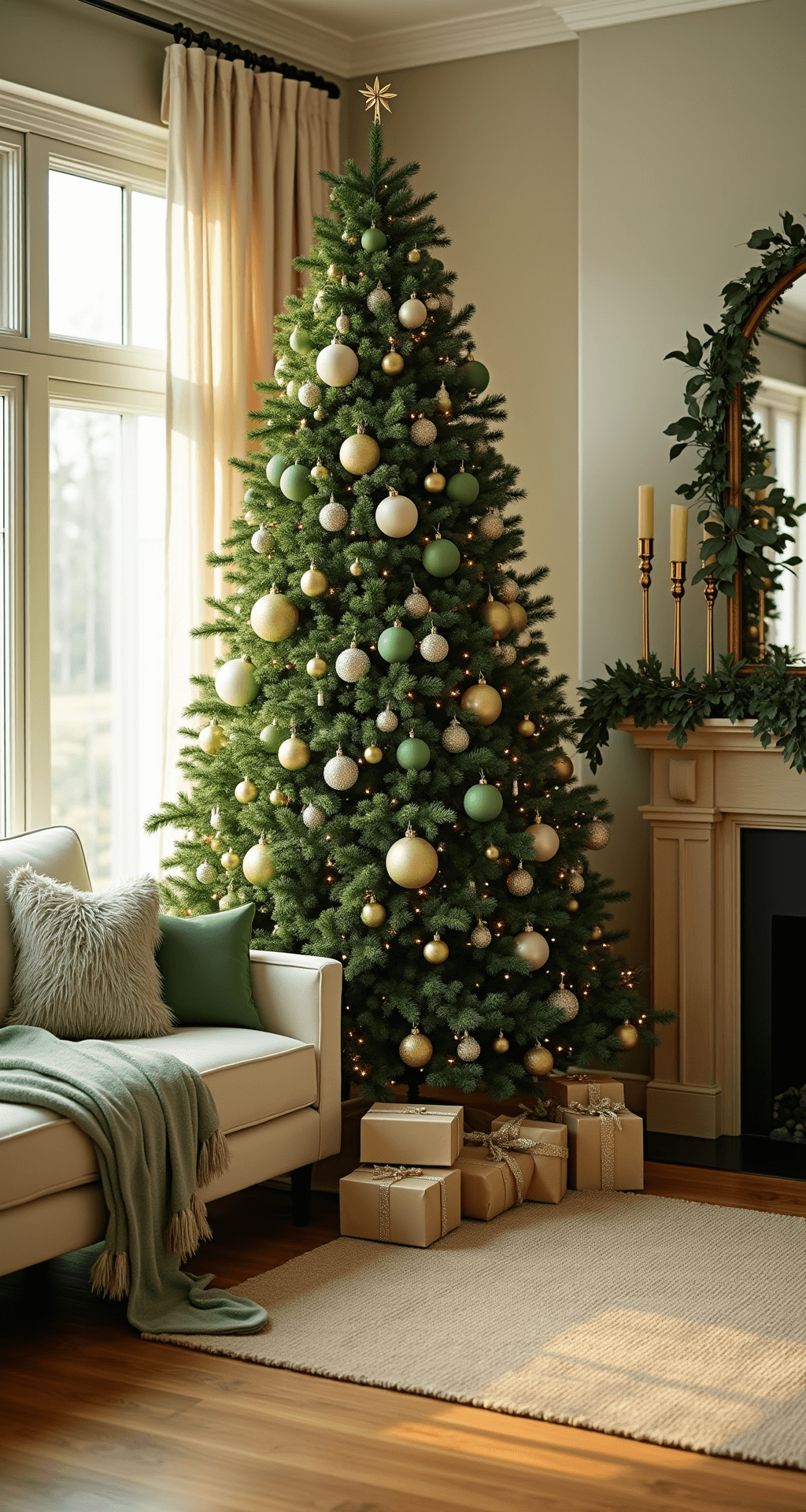 Green Christmas Tree Decorations: A Modern, Sustainable Holiday Styling Guide Luxurious living room decorated for Christmas, featuring a 12-foot tree adorned with emerald, sage, and lime green ornaments, a cream velvet sofa with matching pillows, honey-toned hardwood floors, and warm golden hour lighting.