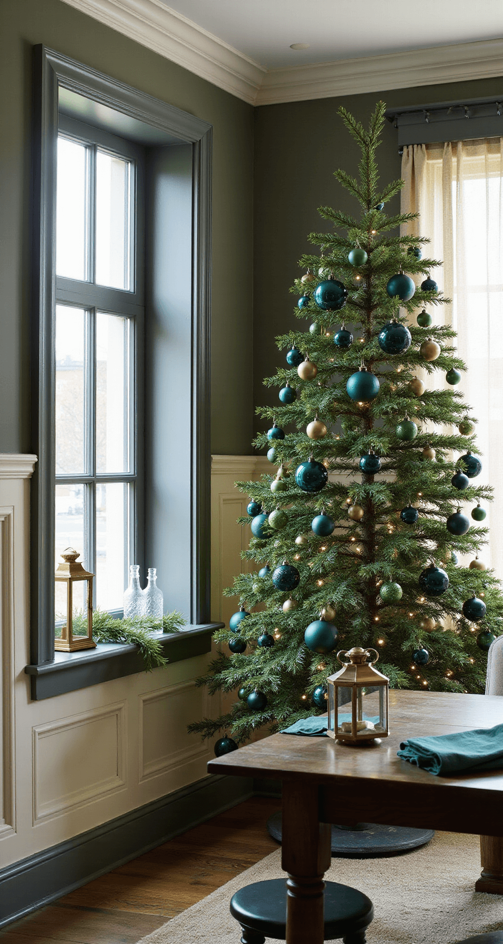 Green Christmas Tree Decorations: A Modern, Sustainable Holiday Styling Guide Elegant dining room corner featuring a lavish Christmas tree adorned with deep forest green, emerald, and translucent jade glass ornaments, surrounded by a sophisticated setting with tall windows, a dark walnut dining table, and rich sage green walls.