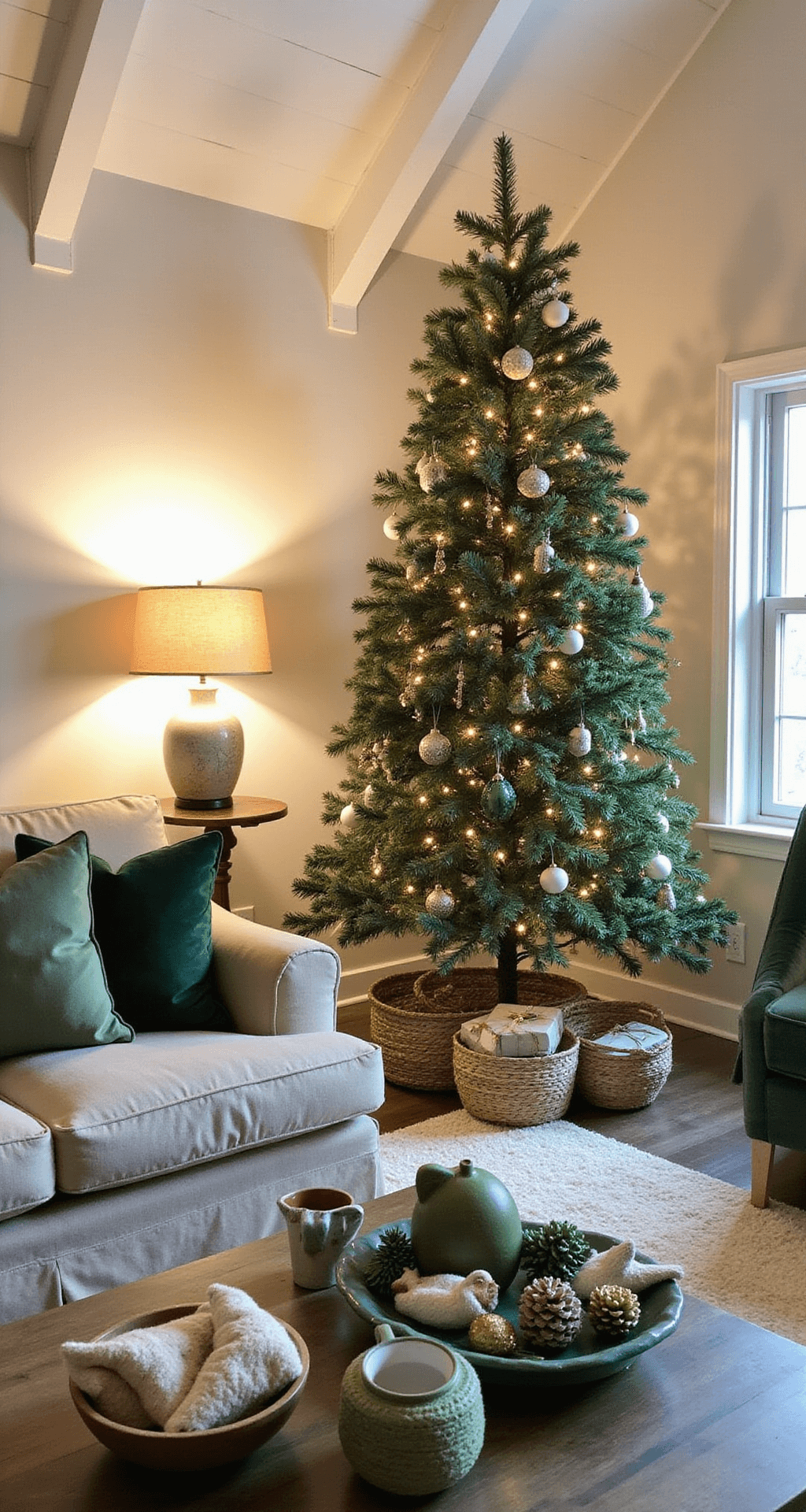 Green Christmas Tree Decorations: A Modern, Sustainable Holiday Styling Guide Cozy family room decorated for Christmas, featuring a tree with velvet and fabric ornaments in green hues, vaulted ceilings, soft lamplight, an oatmeal sectional sofa with green and cream pillows, a reclaimed wood coffee table with mugs and pine cones, and woven baskets containing wrapped gifts.