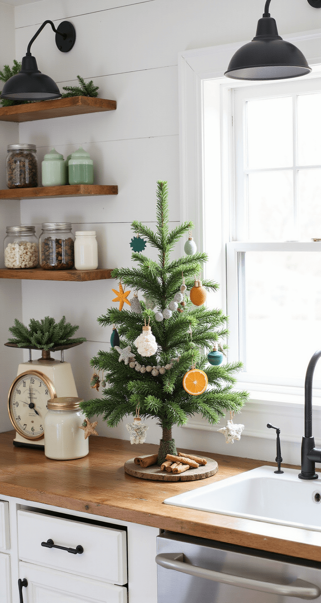 Green Christmas Tree Decorations: A Modern, Sustainable Holiday Styling Guide Modern farmhouse kitchen with white shiplap walls and butcher block countertops, featuring a tabletop Christmas tree adorned with eco-friendly handmade ornaments in natural green tones, surrounded by Mason jars with evergreen sprigs and a farmhouse sink with vintage brass faucets.