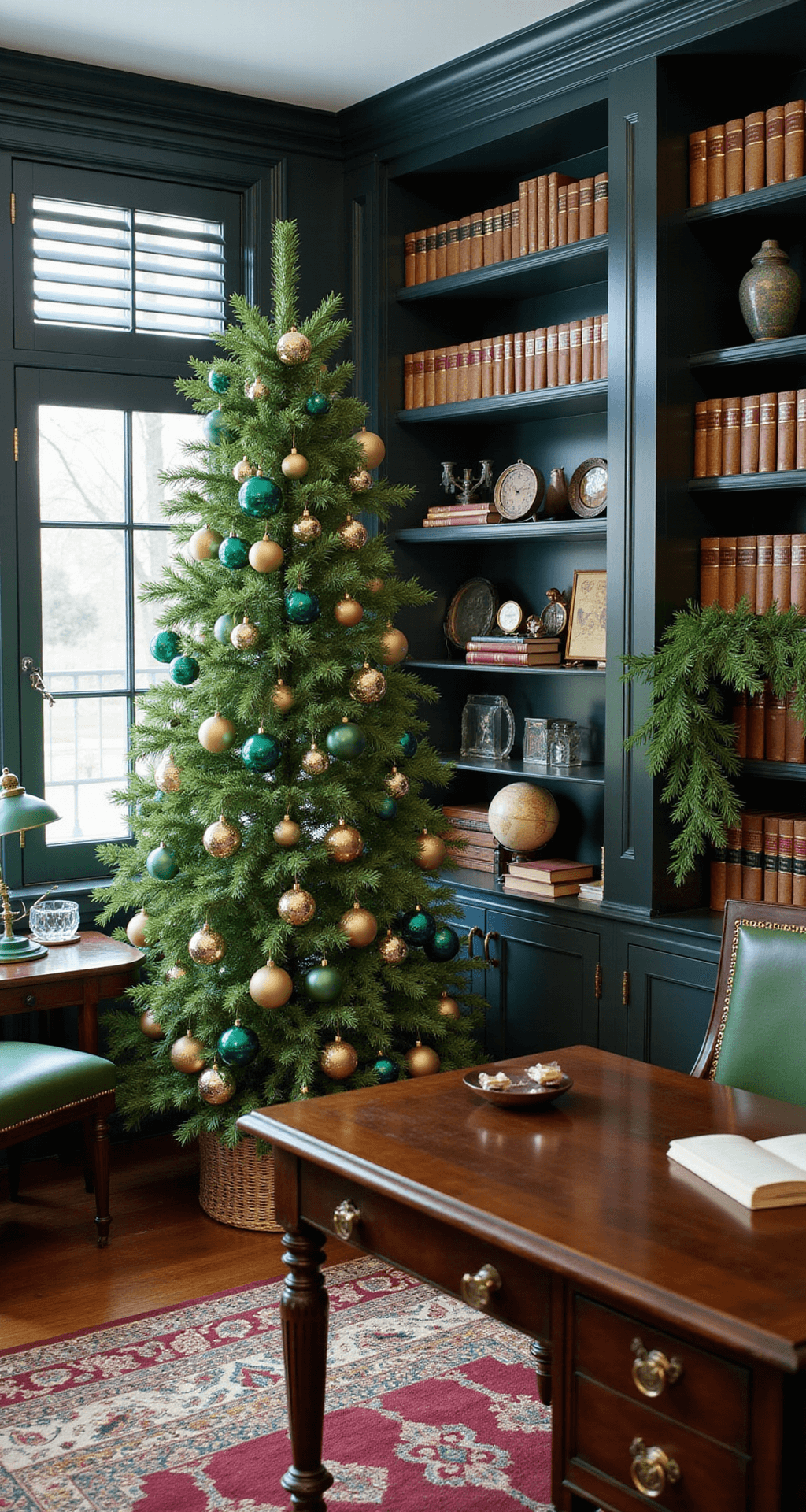 Green Christmas Tree Decorations: A Modern, Sustainable Holiday Styling Guide Sophisticated home office decorated for Christmas, featuring a professionally adorned tree with emerald and gold ornaments, built-in charcoal bookshelves filled with leather-bound books, a mahogany desk with a green banker's lamp, morning light filtering through plantation shutters, and a rich burgundy and gold Persian rug.