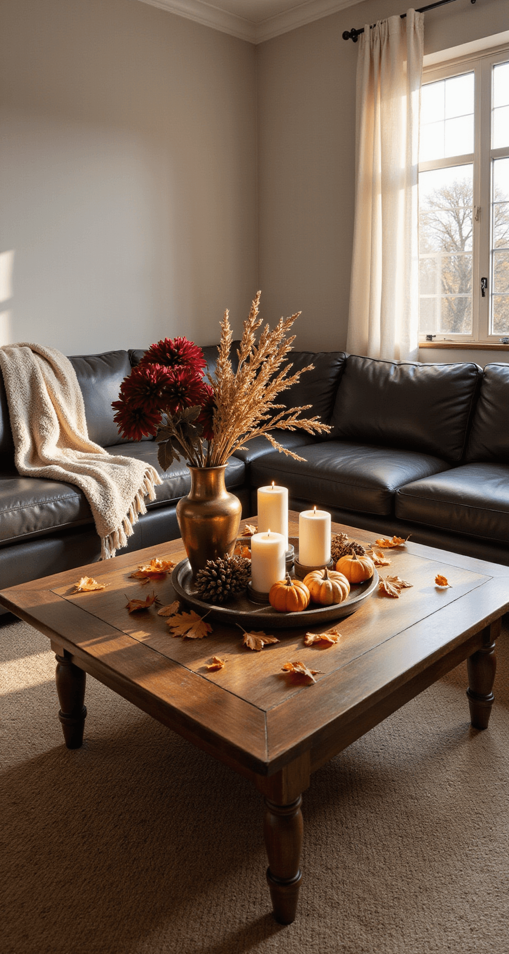 Fall Coffee Table Decor: Transform Your Living Room into an Autumn Sanctuary Photorealistic living room scene featuring a dark walnut coffee table decorated with seasonal florals, pinecones, oak leaves, a chunky knit throw, and pillar candles, all illuminated by golden hour sunlight streaming through sheer curtains.