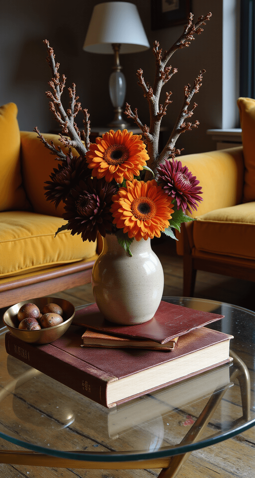 Fall Coffee Table Decor: Transform Your Living Room into an Autumn Sanctuary Intimate coffee table vignette in a mid-century modern living room, featuring a glass-top table with brass legs, autumn flowers in rich colors, vintage books, and warm accent decor, illuminated by late afternoon light creating a sophisticated ambiance.