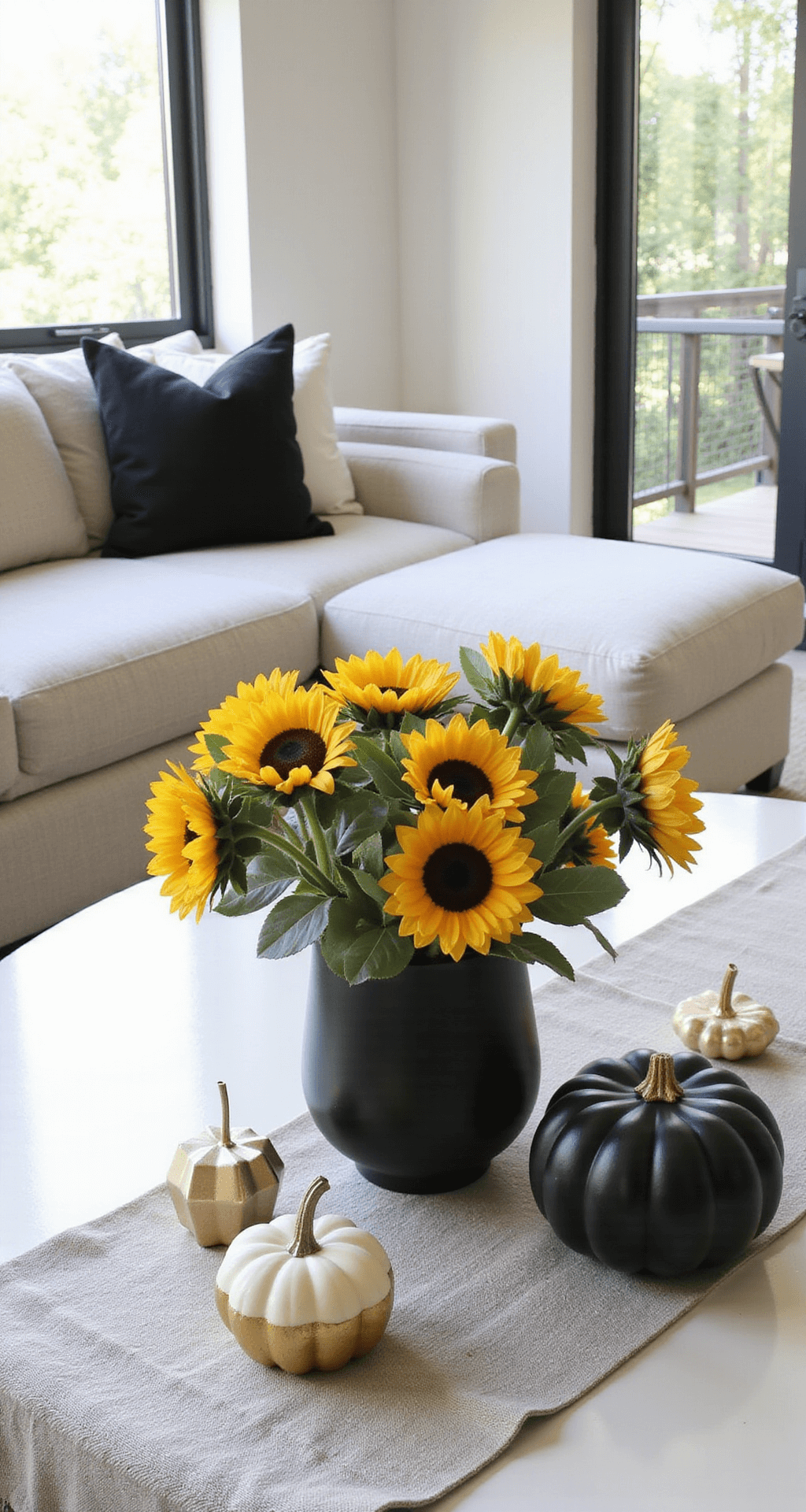 Fall Coffee Table Decor: Transform Your Living Room into an Autumn Sanctuary Contemporary living room with modern autumn decor, featuring a white lacquer coffee table with sunflowers and eucalyptus in a black vase, geometric gold accents, and a black ceramic pumpkin, all bathed in bright sunlight from floor-to-ceiling windows.