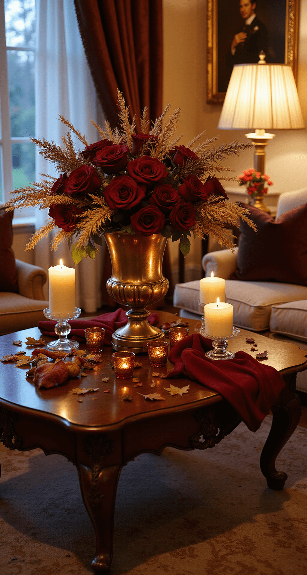 Fall Coffee Table Decor: Transform Your Living Room into an Autumn Sanctuary A romantic coffee table display featuring deep burgundy roses, golden wheat sheaves, and cream-colored candles in a traditional living room, illuminated by soft twilight filtering through silk curtains, creating an intimate autumn ambiance.