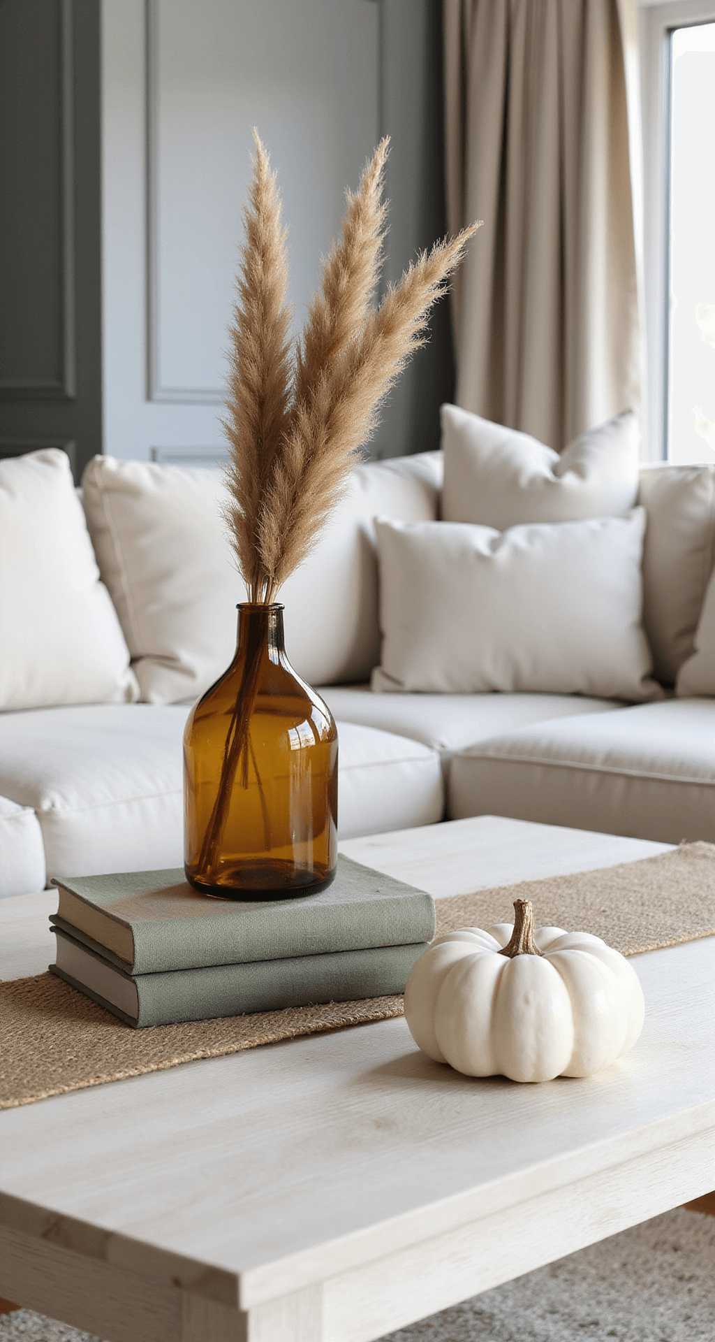 Fall Coffee Table Decor: Transform Your Living Room into an Autumn Sanctuary Minimalist coffee table arrangement featuring a tall amber vase with pampas grass, sage green linen-bound books, and a small matte white ceramic pumpkin, all positioned on a jute runner in a Scandinavian-inspired living room with cream sofas and warm gray walls.