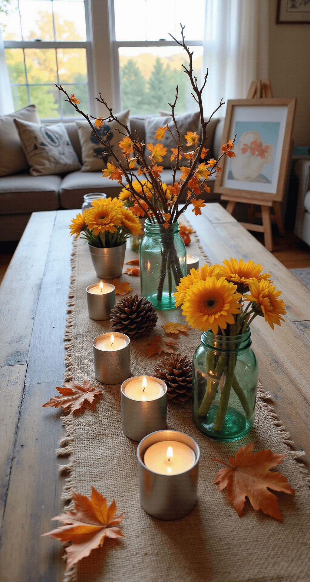 Fall Coffee Table Decor: Transform Your Living Room into an Autumn Sanctuary Cozy family room coffee table styled with natural fall elements, including pine cones, autumn leaves, and mason jars, accented by chrysanthemums in vintage containers, a burlap runner, and tea lights, all bathed in warm afternoon sunlight.