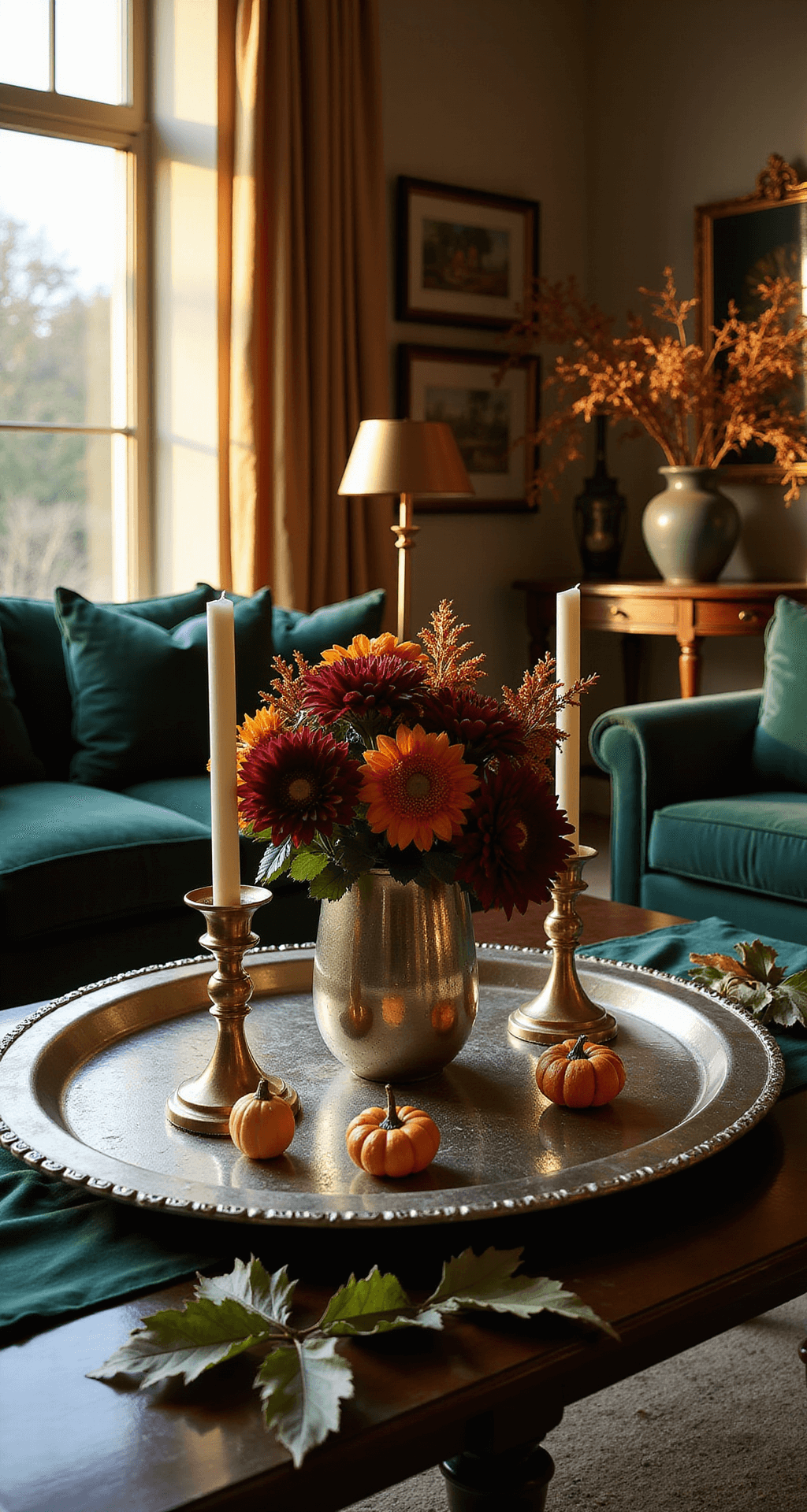 Fall Coffee Table Decor: Transform Your Living Room into an Autumn Sanctuary Sophisticated coffee table display featuring a silver tray with burgundy and orange flowers, brass candlesticks, and decorative gourds, set in an elegant living room with rich textures, dramatic lighting, and plush jewel-toned furniture.