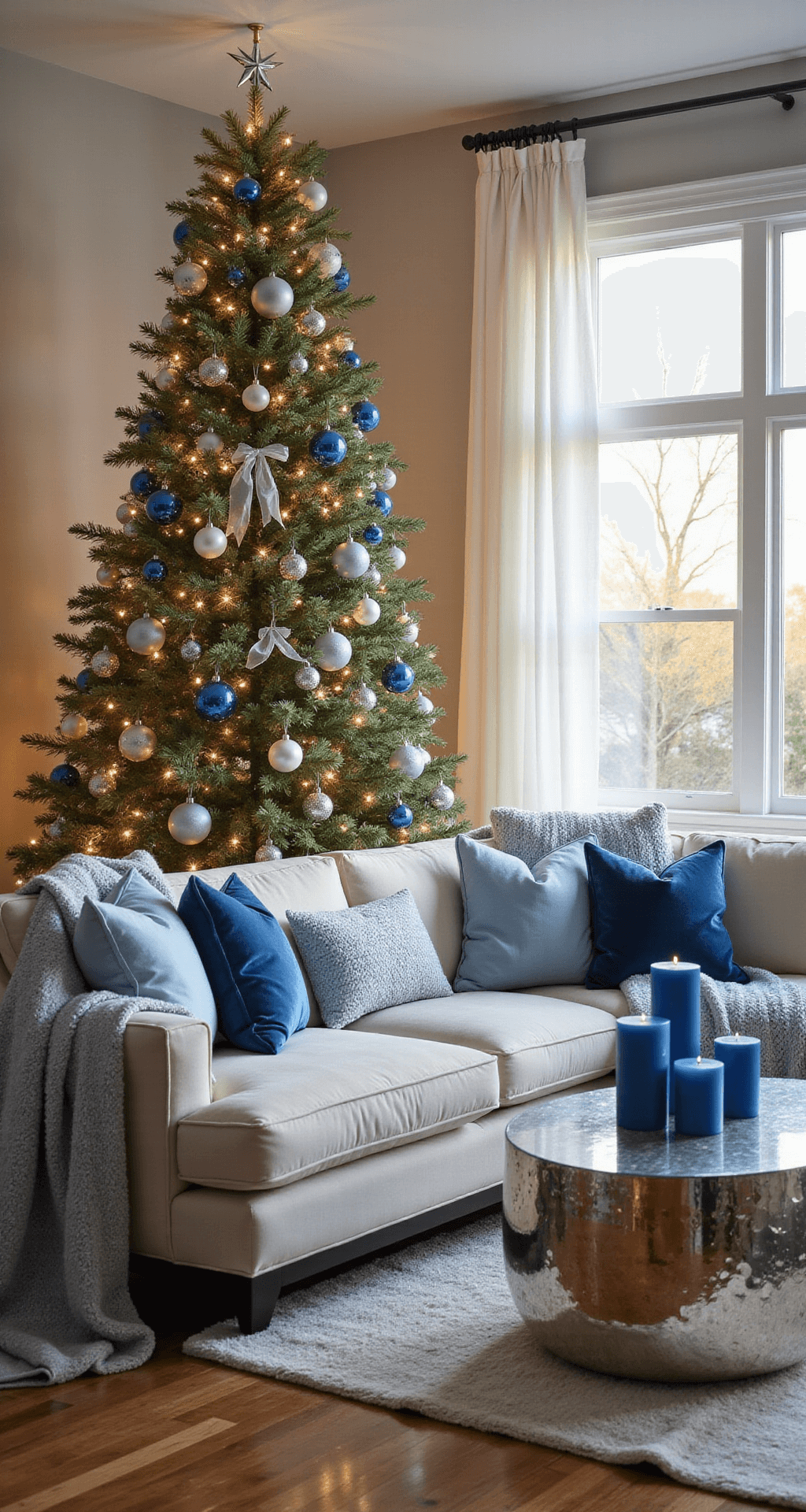 Blue Christmas Decor: A Serene and Sophisticated Holiday Styling Guide Photorealistic living room during golden hour featuring a 9-foot Christmas tree with frosted blue ornaments, silver baubles, and white ribbon, beside a large window with sheer curtains. A cream sectional sofa is accentuated with blue velvet pillows and ice blue blankets, on gleaming hardwood floors. A silver mercury glass coffee table holds blue pillar candles, and cool-toned LED string lights add ambiance. Shot from a low angle, showcasing a serene holiday elegance.