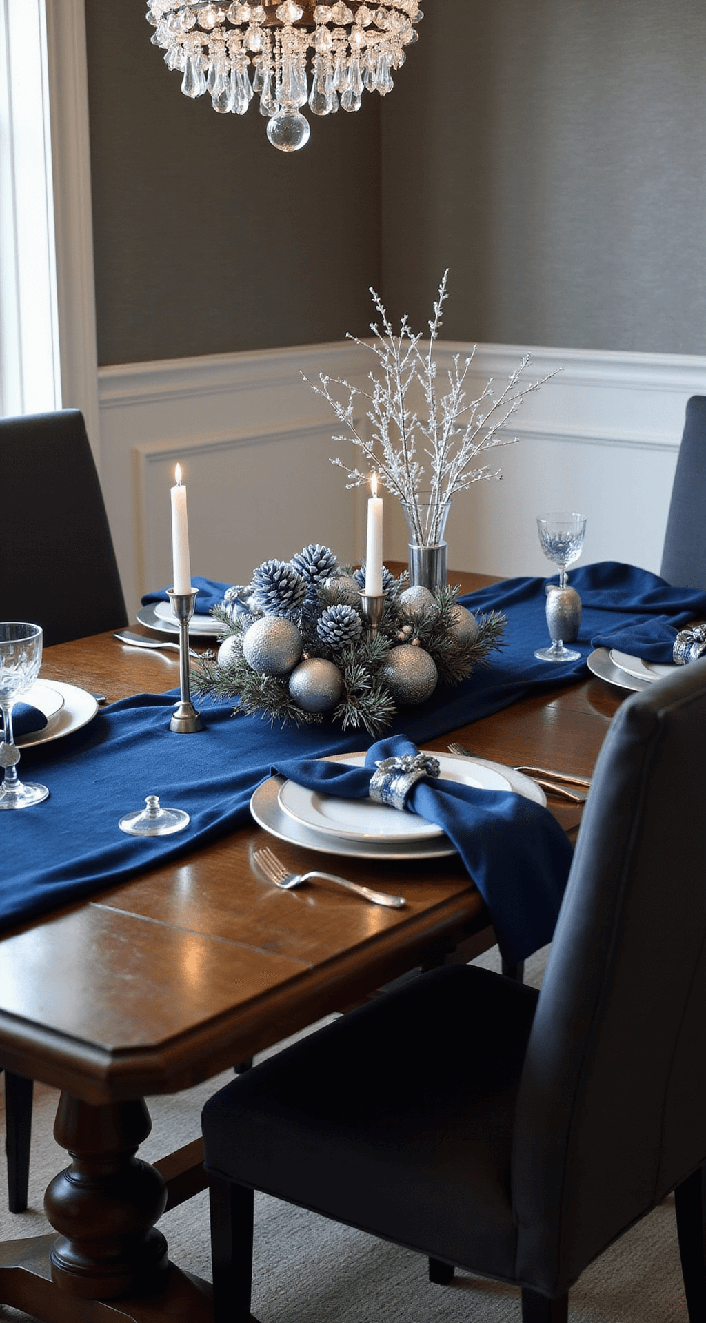 Blue Christmas Decor: A Serene and Sophisticated Holiday Styling Guide Elegant holiday dining room scene at twilight featuring a luxurious navy velvet tablescape, frosted blue pinecone centerpiece, silver votives, and pristine white china on silver charger plates, illuminated by a crystal chandelier against textured gray wallpaper.