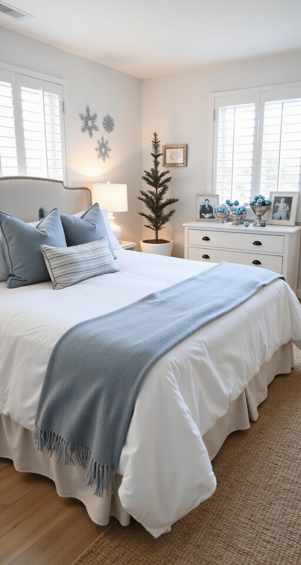 Blue Christmas Decor: A Serene and Sophisticated Holiday Styling Guide Cozy bedroom with a king-size bed dressed in white linens and an ice blue cashmere throw, featuring blue pillows. A vintage white dresser holds blue glass ornaments and family photos. Delicate blue snowflakes hang from the ceiling, and a Norfolk pine with blue and silver ornaments is in a planter. The warm white walls have blue undertones, paired with jute rugs over hardwood floors, illuminated by soft morning light and warm bedside lamps.