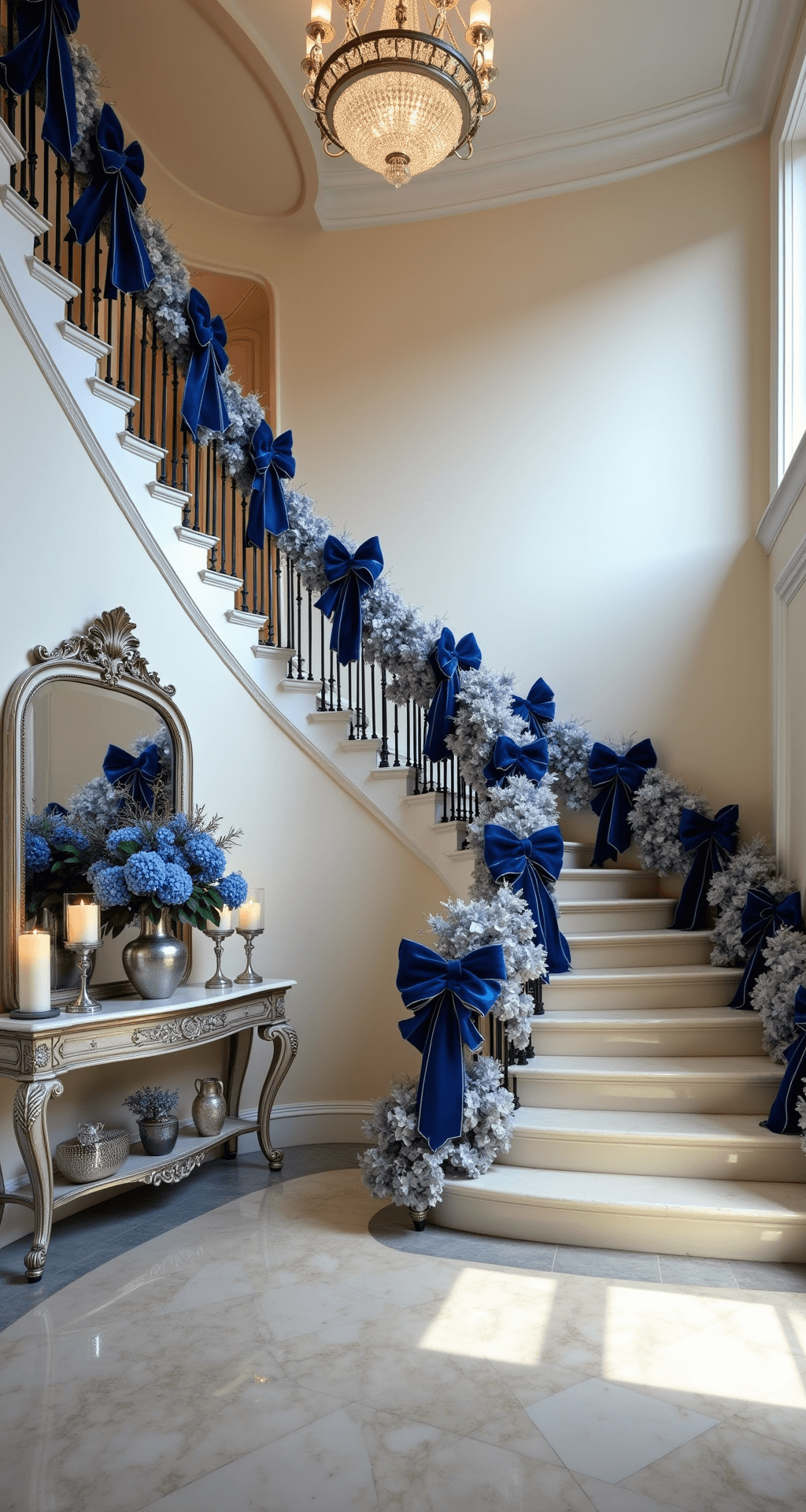 Blue Christmas Decor: A Serene and Sophisticated Holiday Styling Guide Grand foyer entrance hall bathed in afternoon light, showcasing tall ceilings, a curved staircase adorned with a blue and silver garland, and a marble checkerboard floor, while a crystal chandelier casts prismatic light and an ornate mirror reflects the elegant decor.