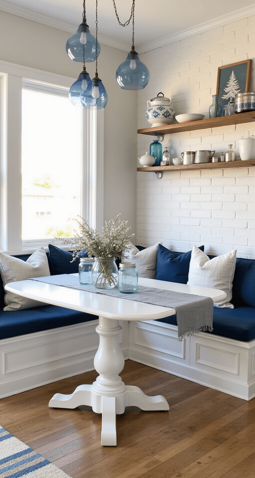Blue Christmas Decor: A Serene and Sophisticated Holiday Styling Guide Charming kitchen breakfast nook bathed in late afternoon golden light, featuring a built-in banquette with navy blue cushions, white farmhouse table, and stylish decor elements like blue glass pendant lights and vintage silver serving pieces.