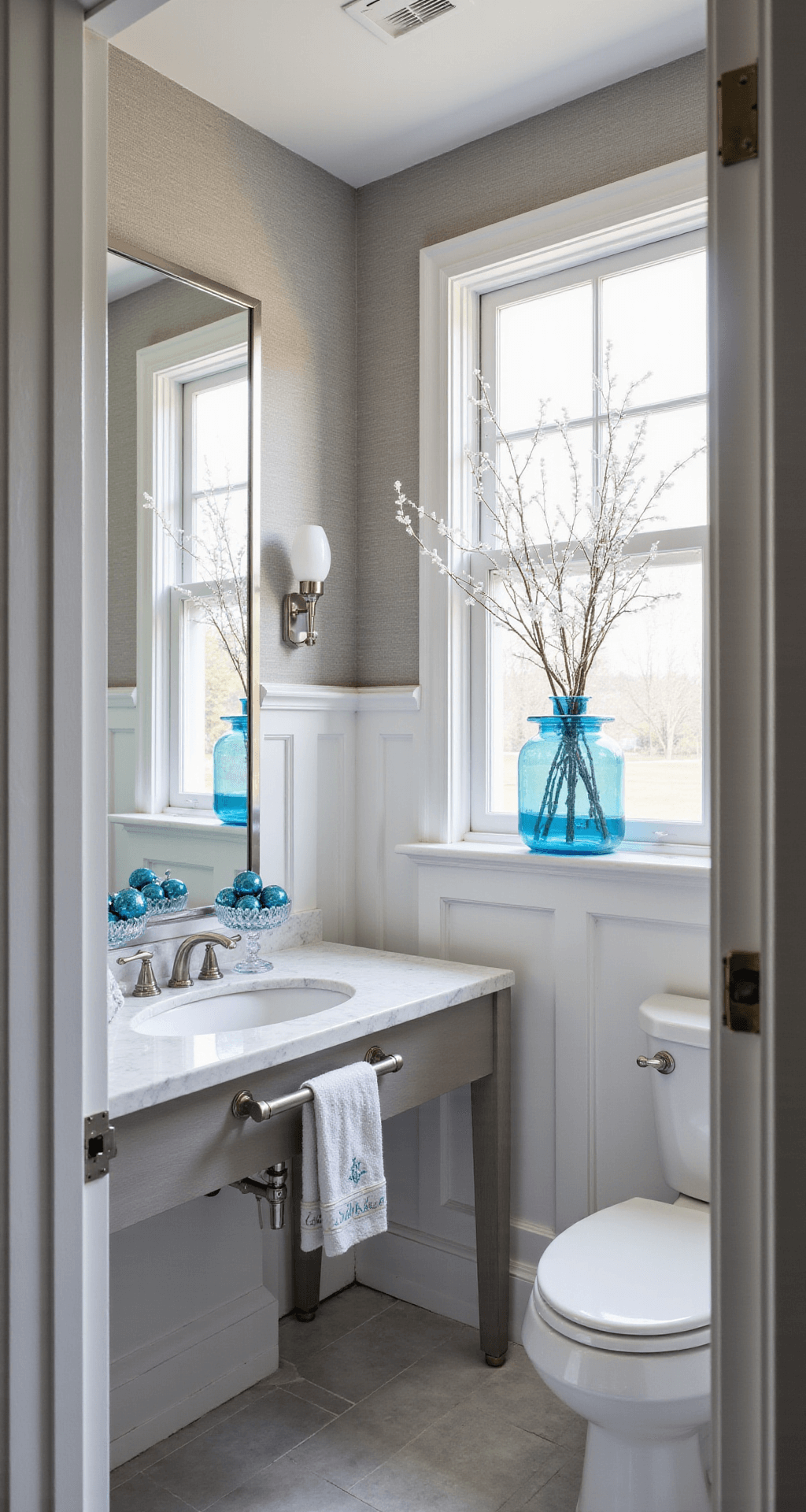 Blue Christmas Decor: A Serene and Sophisticated Holiday Styling Guide Elegant powder room with marble vanity, silver fixtures, and holiday decor in soft afternoon light, featuring blue glass accents, white branches, and textured grasscloth wallpaper.
